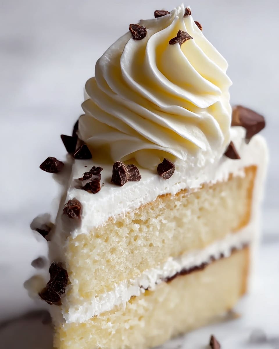The image shows a close-up of a slice of cake with two layers—an inner soft, light cream-colored cake layer and a thin dark filling layer in between. The outside is covered with smooth white frosting. On top, there is a large puff of piped white frosting swirled in a tall spiral, decorated with small dark chocolate pieces scattered around the top and side. The cake rests on a white marbled surface. Photo taken with an iphone --ar 4:5 --v 7