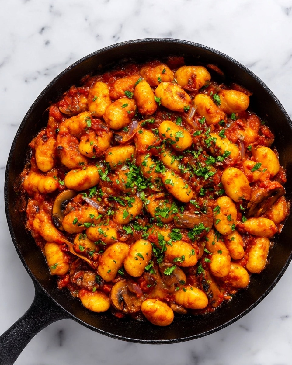 The image shows a black cast iron pan filled with golden brown gnocchi that have a slightly crispy outside. The gnocchi are mixed in a rich red tomato sauce with visible chunks of tomato and browned bits. There are slices of cooked mushrooms and small pieces of red onion blended into the sauce, adding texture and color. Bright green chopped parsley is sprinkled evenly over the top, giving a fresh contrast to the warm colors of the dish. The pan sits on a white marbled surface. photo taken with an iphone --ar 4:5 --v 7