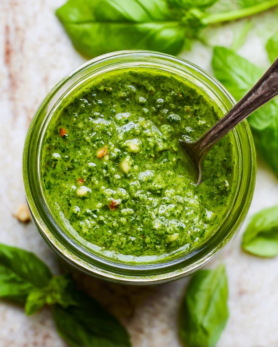 A close-up top view of a glass jar filled with bright green pesto sauce showing a thick texture with small herb and nut pieces, a metal spoon dipped into the jar on the right side, and fresh basil leaves scattered around the jar on a white marbled textured surface photo taken with an iphone --ar 4:5 --v 7