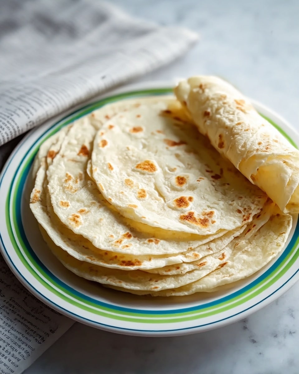 The image shows a stack of five round flatbreads on a white plate with green and blue stripes along the rim. Four flatbreads are stacked flat on the bottom, each having a light cream color with golden brown spots and slightly crispy edges, and one flatbread is rolled up and placed on top diagonally. The plate rests on a white marbled surface with a folded newspaper beside it, adding texture to the background. The lighting highlights the soft texture and subtle air bubbles on the flatbreads. photo taken with an iphone --ar 4:5 --v 7