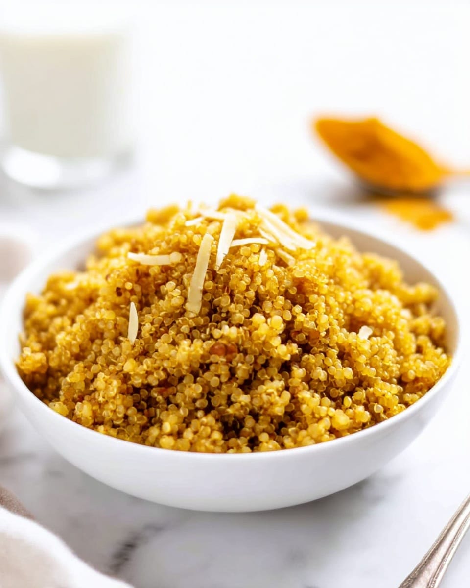 A white bowl filled with a mound of cooked quinoa that has a golden-yellow color, with some small light brown and slightly crispy bits mixed in, creating a textured look. The quinoa grains are fluffed and piled high, and there are thin, pale shreds sprinkled lightly on top. The bowl is placed on a white marbled surface. In the blurred background, a spoon with turmeric powder and a glass of milk are visible, adding warm yellow and white accents to the scene. Photo taken with an iphone --ar 4:5 --v 7