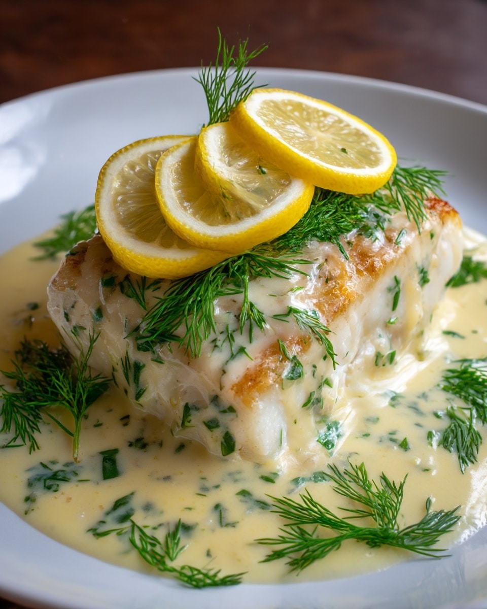 A thick piece of cooked white fish with a golden brown crust on top is placed in the center of a white plate. The fish is covered in a creamy, light yellow sauce with green herb bits mixed in, spreading slightly onto the plate. On top of the fish, three thin, round lemon slices are arranged with fresh green dill sprigs resting on and around them. More dill is scattered around the sauce on the plate, creating a fresh, vibrant look. The photo is clear, detailed, and taken with an iphone --ar 4:5 --v 7