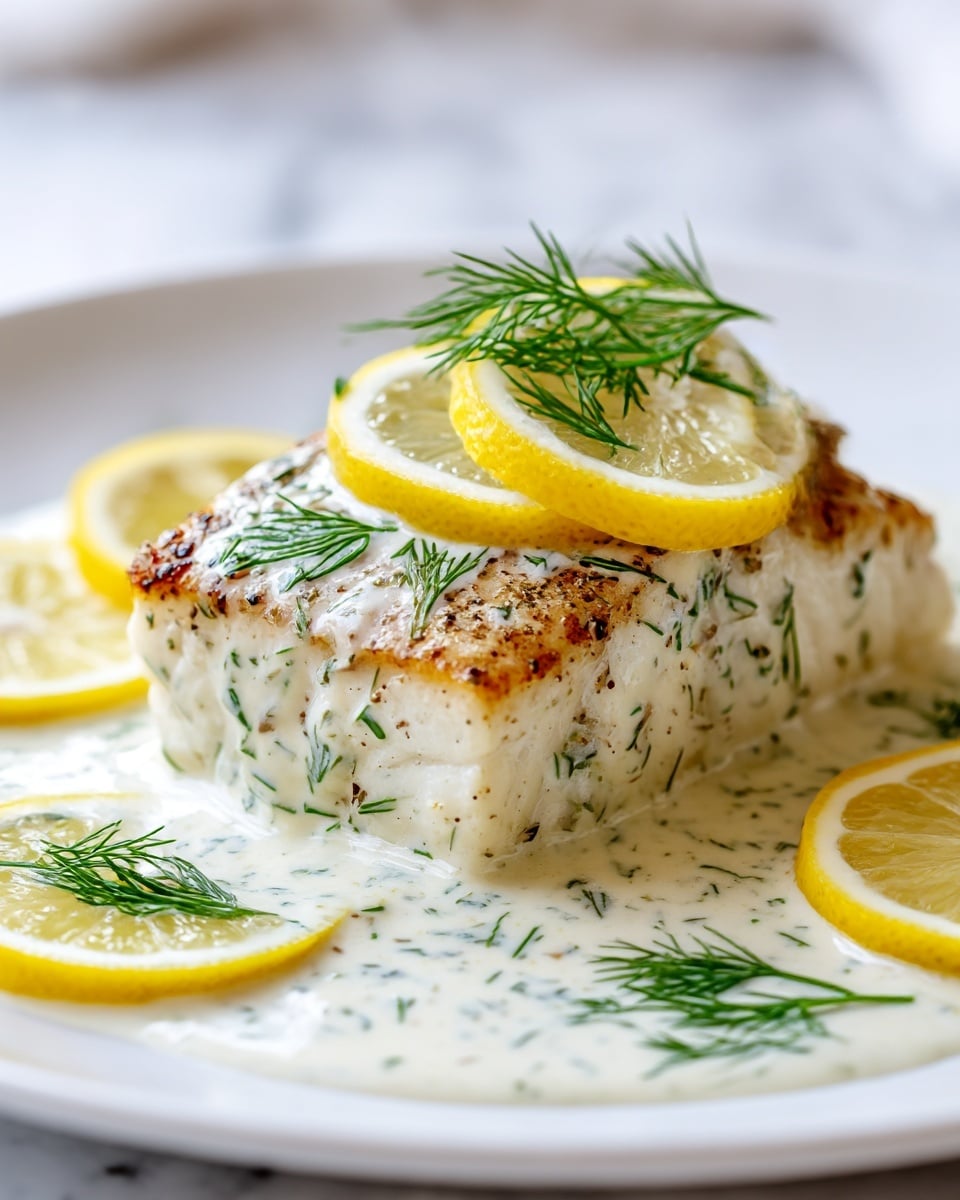 A thick, golden-brown grilled fish fillet with a slightly crispy texture on top rests in a pool of creamy white sauce speckled with green herbs, including dill. The fish is topped with fresh dill sprigs and two thin, bright yellow lemon slices. Around the fish, more lemon slices and dill sprigs are arranged on a white plate, all placed on a white marbled surface. The sauce appears rich and smooth, with a few visible herb pieces, complementing the flaky white fish underneath. Photo taken with an iphone --ar 4:5 --v 7