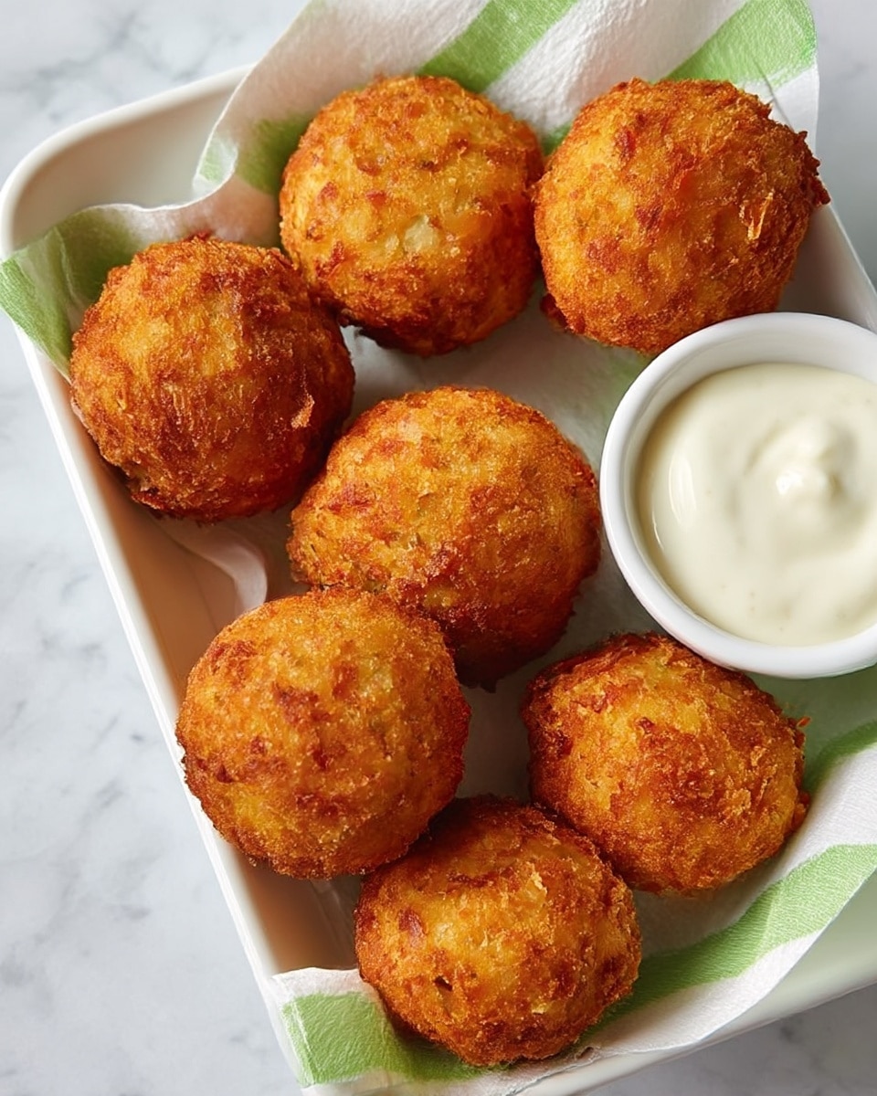 The image shows a white rectangular dish containing seven golden-brown, round fritters with a crispy texture, arranged closely together on a white and green striped paper napkin. On the right side of the dish, there is a small white bowl filled with smooth white dipping sauce. The background surface is a white marbled texture, adding a clean and bright feel to the image. photo taken with an iphone --ar 4:5 --v 7
