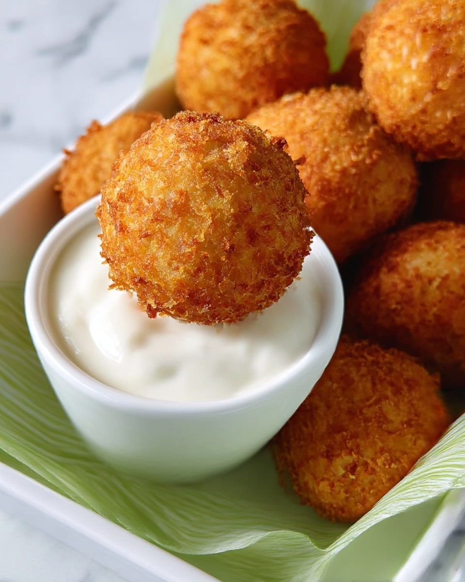The image shows several golden-brown crispy balls with a textured surface, indicating a fried coating. One ball is placed on the edge of a small white bowl filled with smooth white dipping sauce, creating a contrast between the rough and creamy textures. The balls rest on a white tray lined with green and white striped paper, with a white marbled surface beneath. The lighting highlights the crunchiness and warmth of the balls, making them look freshly cooked and appetizing. photo taken with an iphone --ar 4:5 --v 7