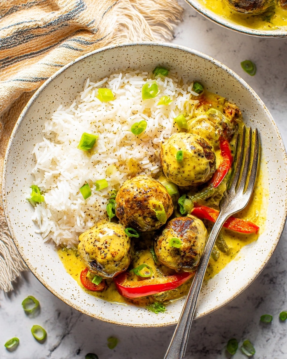 In a white speckled bowl, there is a serving of white rice on one side, soft and fluffy with a few small green pieces sprinkled on top. Next to the rice are six browned meatballs covered in a thick, creamy yellow sauce with black pepper specks and some thin slices of cooked red and green bell peppers mixed in. The dish is garnished with chopped green onions scattered around. A silver fork rests on the right edge of the bowl. The bowl sits on a white marbled surface with part of a cloth with fringe and stripes visible in the background. Photo taken with an iphone --ar 4:5 --v 7