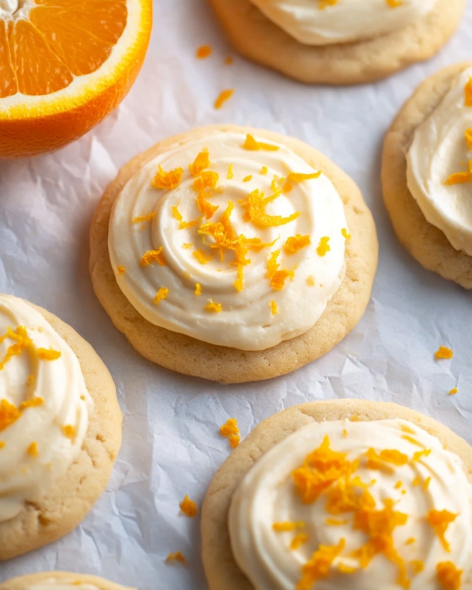 The image shows soft, round cookies with a light beige color as the base layer. On top of each cookie is a thick, creamy white frosting swirled smoothly in a circular pattern, sprinkled with small, bright orange zest pieces for a pop of color and texture. The cookies are placed on a light crinkled white parchment paper, all set against a white marbled surface. In the background, there is also a halved orange with a vibrant, juicy orange interior that adds a fresh and colorful contrast to the warm tones of the cookies. photo taken with an iphone --ar 4:5 --v 7