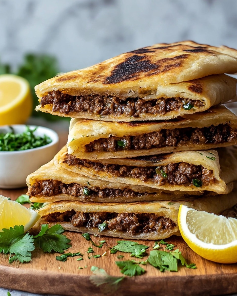 The image shows a stack of four folded flatbreads filled with cooked ground meat, each flatbread lightly browned with a crisp texture on the outside and soft inside. The flatbreads have a golden tan color with darker char marks, while the meat inside is dark brown and crumbly with some green herbs sprinkled throughout. The stack is placed on a wooden board with fresh green cilantro leaves scattered around and two lemon wedges nearby, one whole and one partially squeezed. A small white bowl with green herbs is positioned beside the stack. The background features a white marbled texture. photo taken with an iphone --ar 4:5 --v 7