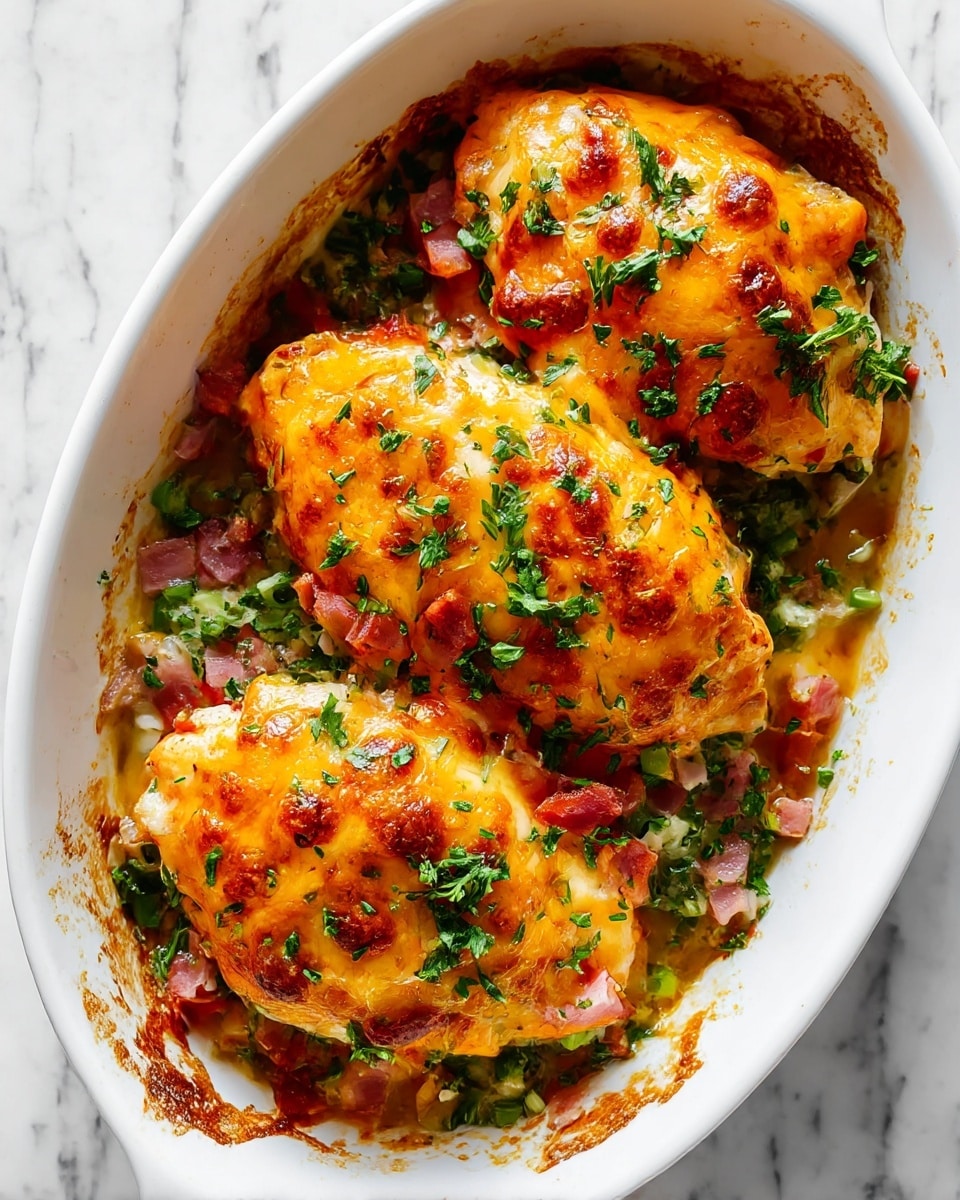 The dish shows two thick, round patties covered with melted golden-yellow cheese melted unevenly over them. On top, there are small pieces of bright red diced tomatoes and green chopped herbs sprinkled across the surface adding fresh color. The patties sit close together in a white oval baking dish with some browned spots around the edges, showing baking marks. The texture looks creamy with a crisp top layer. A spoon is lifting one patty out of the dish, revealing the soft, melted inside beneath the cheesy topping. The background has a white marbled texture. photo taken with an iphone --ar 4:5 --v 7
