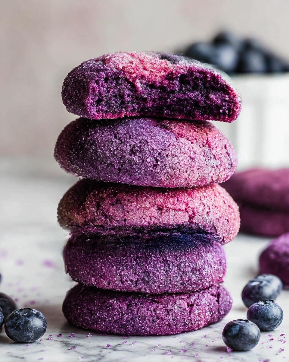 A tall stack of five round cookies sits on a white marbled surface, each cookie showing a rich purple color with a rough, crunchy sugary texture on the outside. The top cookie is bitten on one side, revealing a soft, slightly crumbly inside with a gradient from deep purple to a lighter pinkish tone. The cookies have a thick and soft appearance. Around the stack, scattered fresh blueberries add contrast with their dark blue shine. The background is softly blurred with hints of more blueberries in a white dish, all on the white marbled texture. photo taken with an iphone --ar 4:5 --v 7