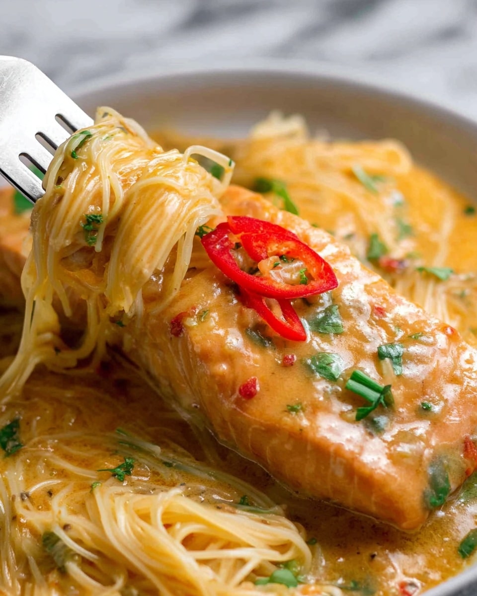 The image shows a close-up of a piece of cooked salmon on top of thin noodles, both coated in a creamy orange-yellow sauce with visible green herbs mixed in. The salmon is garnished with a small slice of red chili and sprinkled with chopped green herbs. A silver fork lifts some noodles, which are soft and covered with the sauce, from a white bowl. The background features a white marbled texture. photo taken with an iphone --ar 4:5 --v 7