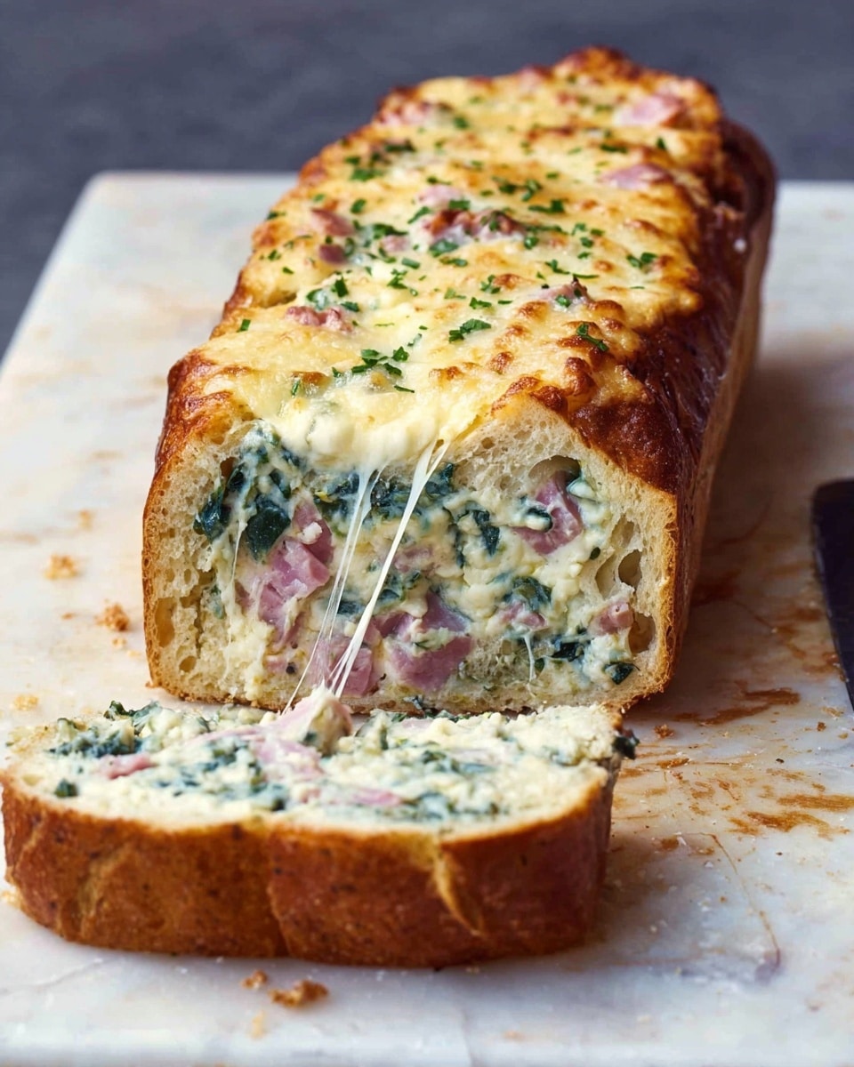 A loaf of bread with the top sliced off and filled with a creamy mix that combines white cheese, green spinach leaves, and pink ham pieces, melted and slightly browned on top. The bread crust is golden brown, and the creamy filling is dense with visible texture from the spinach and ham. One thick slice is cut and placed in front of the loaf, showing the gooey filling inside with cheese strands stretching between the slice and the rest of the loaf. The loaf rests on a white marbled surface with crumbs around. photo taken with an iphone --ar 4:5 --v 7