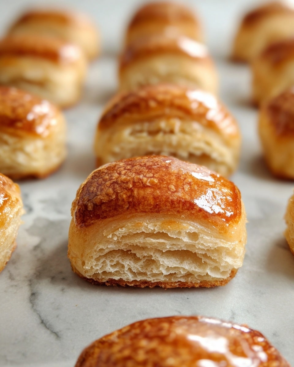 The image shows several small, golden-brown pastries arranged in rows on a white marbled textured surface. Each pastry has a shiny, smooth outer layer with a slightly darker golden crust on the top. When looking at the cross-section, the pastries reveal multiple soft, light beige layers inside that look fluffy and tender. The pastries are spaced evenly, and the focus is on the one closest to the front, showing the detailed texture of the layers clearly, while the others blur softly into the background. Photo taken with an iphone --ar 4:5 --v 7