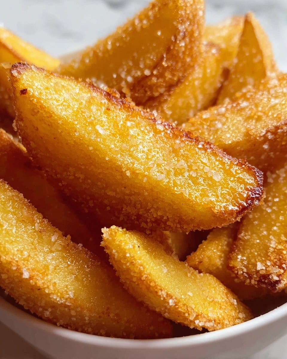 Close-up of golden-yellow potato wedges coated with coarse, light-colored salt grains all over their rough, crispy surface. The wedges are thick and uneven in shape, stacked closely together inside a white bowl that fills the frame. The light catches the slight browning on the edges, showing their crunchy texture against the soft orange-yellow inside. The background has a white marbled texture. photo taken with an iphone --ar 4:5 --v 7