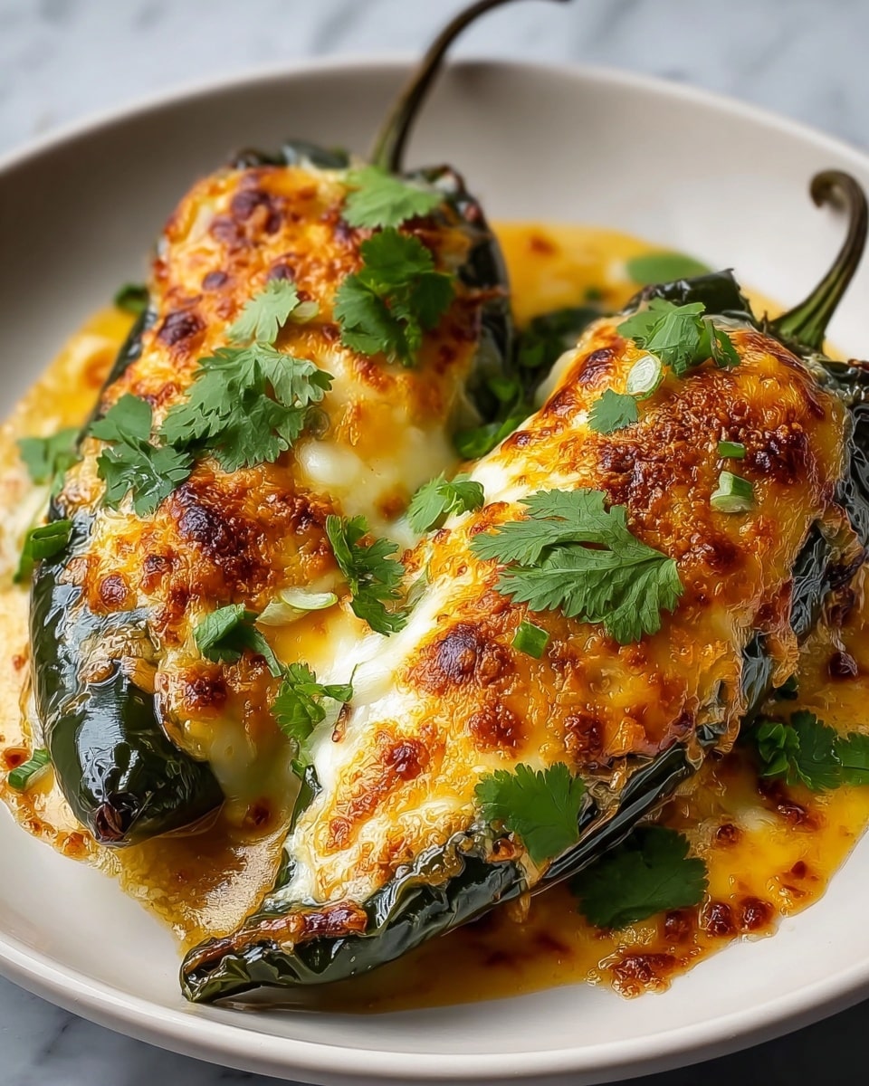 Two stuffed green chili peppers lie on a white plate, each covered with a thick layer of melted, golden-brown cheese that bubbles and spills over the sides. The cheese has a slightly crispy, browned topping that adds texture, and is sprinkled with fresh green cilantro leaves. The chili peppers appear soft and roasted, with their dark green skin slightly wrinkled and shiny from the melted cheese and juices pooling around them. The plate sits on a white marbled surface. photo taken with an iphone --ar 4:5 --v 7