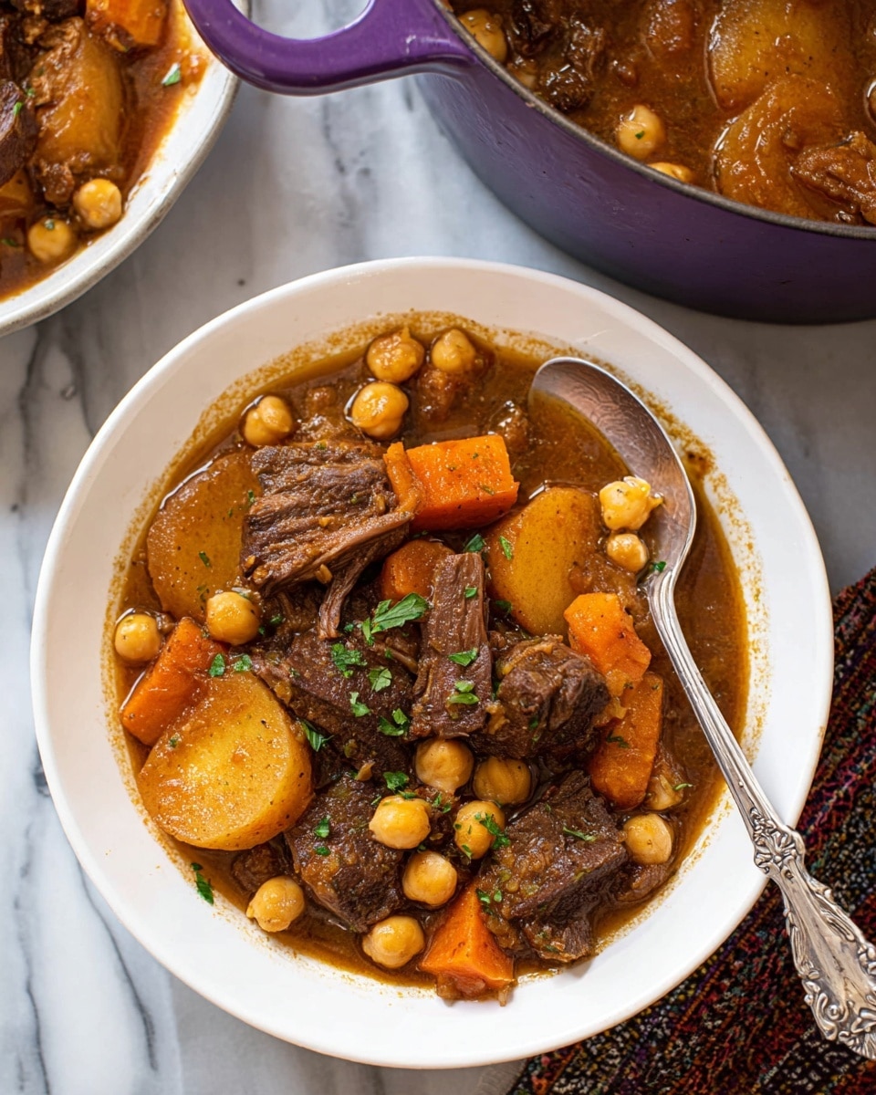 A white bowl is filled with a thick stew showing several layers: at the bottom are large, tender chunks of dark brown beef with a moist texture, scattered throughout are round, soft beige chickpeas, orange carrot pieces, round slices of light brown potatoes close to the top layer, and irregular chunks of orange sweet potato. The stew broth is thick and brown, coating all the ingredients, with some small green herbs sprinkled on top. A silver spoon with a carved handle rests inside the bowl on the right side. Above the bowl and slightly out of focus, there is a purple pot filled with more stew on a white marbled surface. photo taken with an iphone --ar 4:5 --v 7