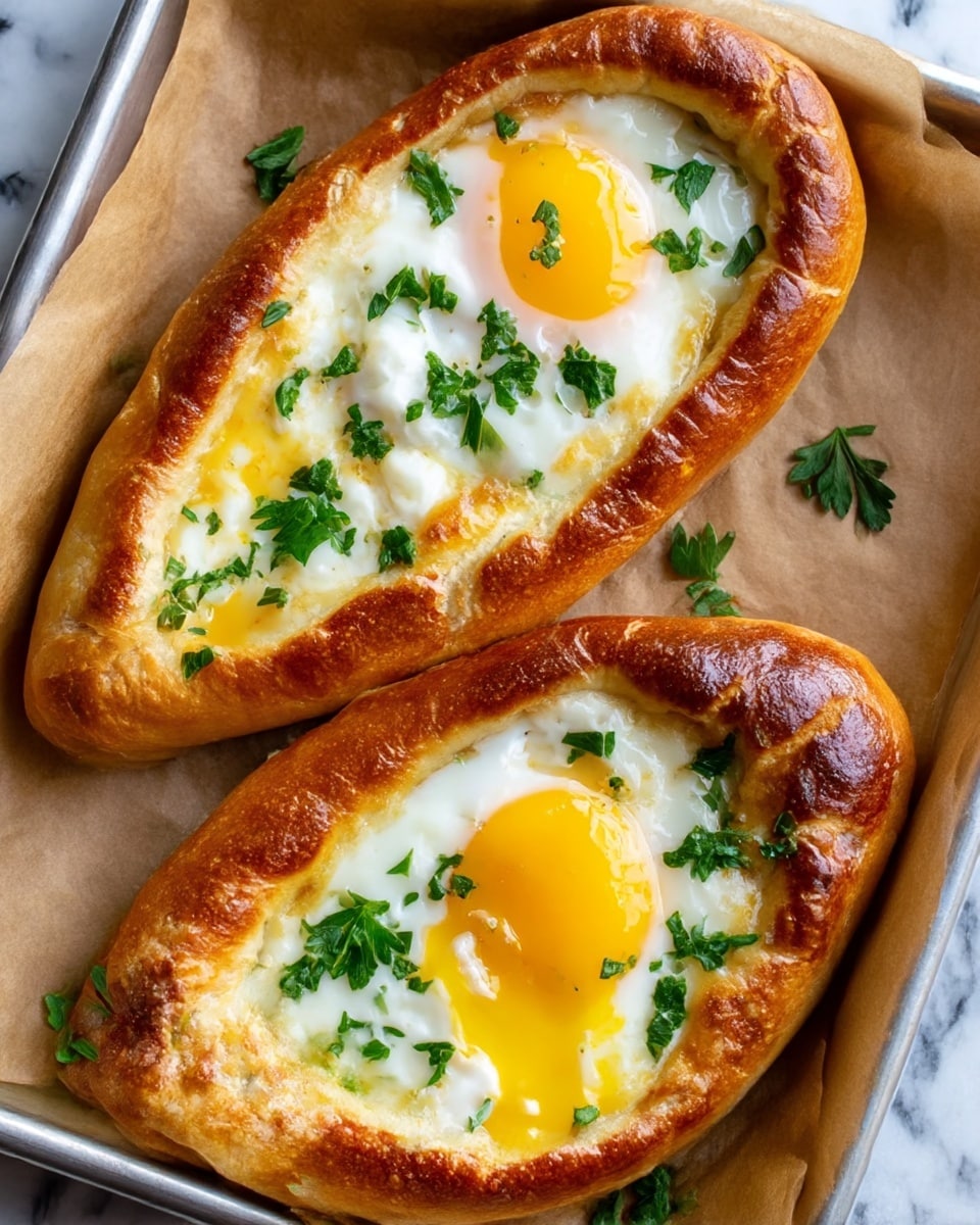Two oval-shaped bread boats sit on brown parchment paper inside a shallow metal tray. Each boat has a golden-brown crust with a slightly shiny, toasted edge. The center of each boat holds a cooked egg with a bright yellow yolk, some of which is slightly broken, mixed with white cooked egg whites. Small green parsley leaves are scattered on top of the eggs and on the parchment paper around the boats. The background is a white marbled texture. Photo taken with an iphone --ar 4:5 --v 7