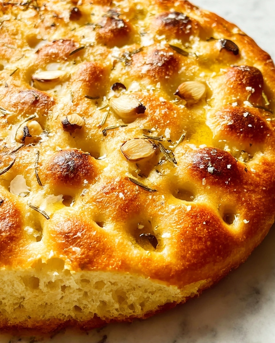 A close-up view of a round, golden-brown focaccia bread with a soft, bubbly texture on top. The bread has small dimples filled with golden olive oil, creating a shiny surface. Scattered across the top are layers of roasted, slightly browned whole garlic cloves and fine white sea salt crystals. The crust shows a mix of darker toasted and lighter golden patches, highlighting its crispness while the interior looks soft and fluffy beneath the surface. The bread sits on a white marbled surface, enhancing the warm colors of the focaccia. photo taken with an iphone --ar 4:5 --v 7