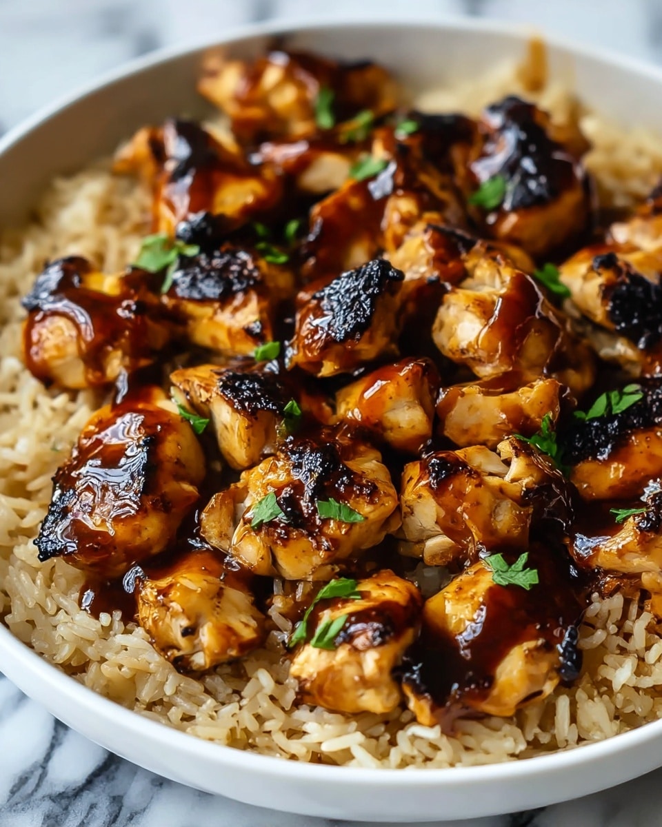 A close-up of a dish in a white bowl filled with cooked rice as the bottom layer, light brown in color with a soft texture. On top, there are many pieces of grilled chicken, golden brown with some dark charred spots, covered in a shiny dark brown sauce. Small green herb leaves are scattered on the chicken, adding a splash of bright green color. The bowl is placed on a white marbled surface. photo taken with an iphone --ar 4:5 --v 7