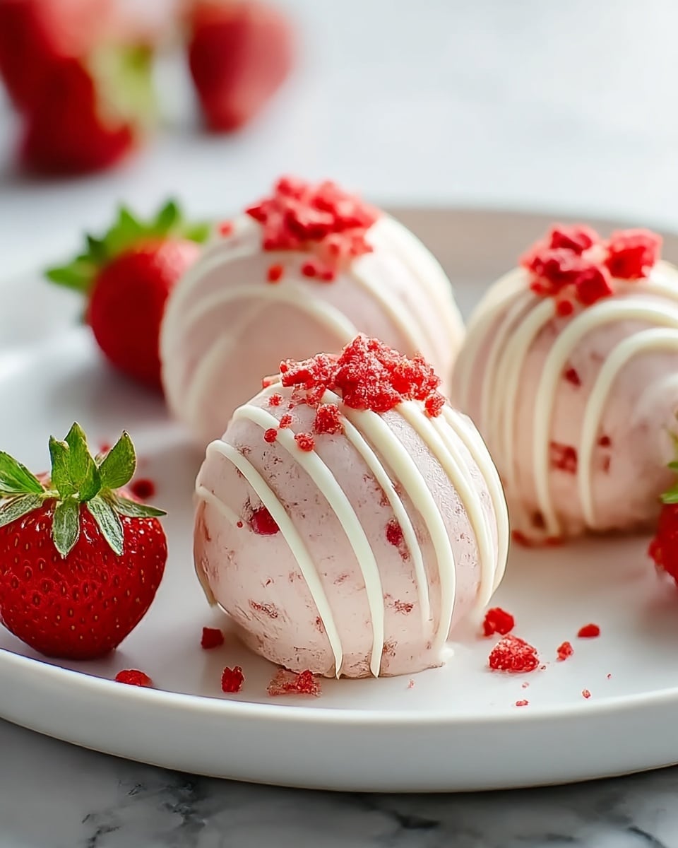 The image shows three round dessert balls on a white plate placed on a white marbled surface. Each ball has a pale pink creamy base with visible red bits inside, suggesting crushed strawberries mixed in. They are decorated with thin white drizzle lines running from the top center to the bottom edges, creating a striped pattern. On top of each ball, there are small red crumble pieces. Around the dessert balls are fresh whole strawberries with green leaves adding bright red and green colors to the white plate. Photo taken with an iphone --ar 4:5 --v 7