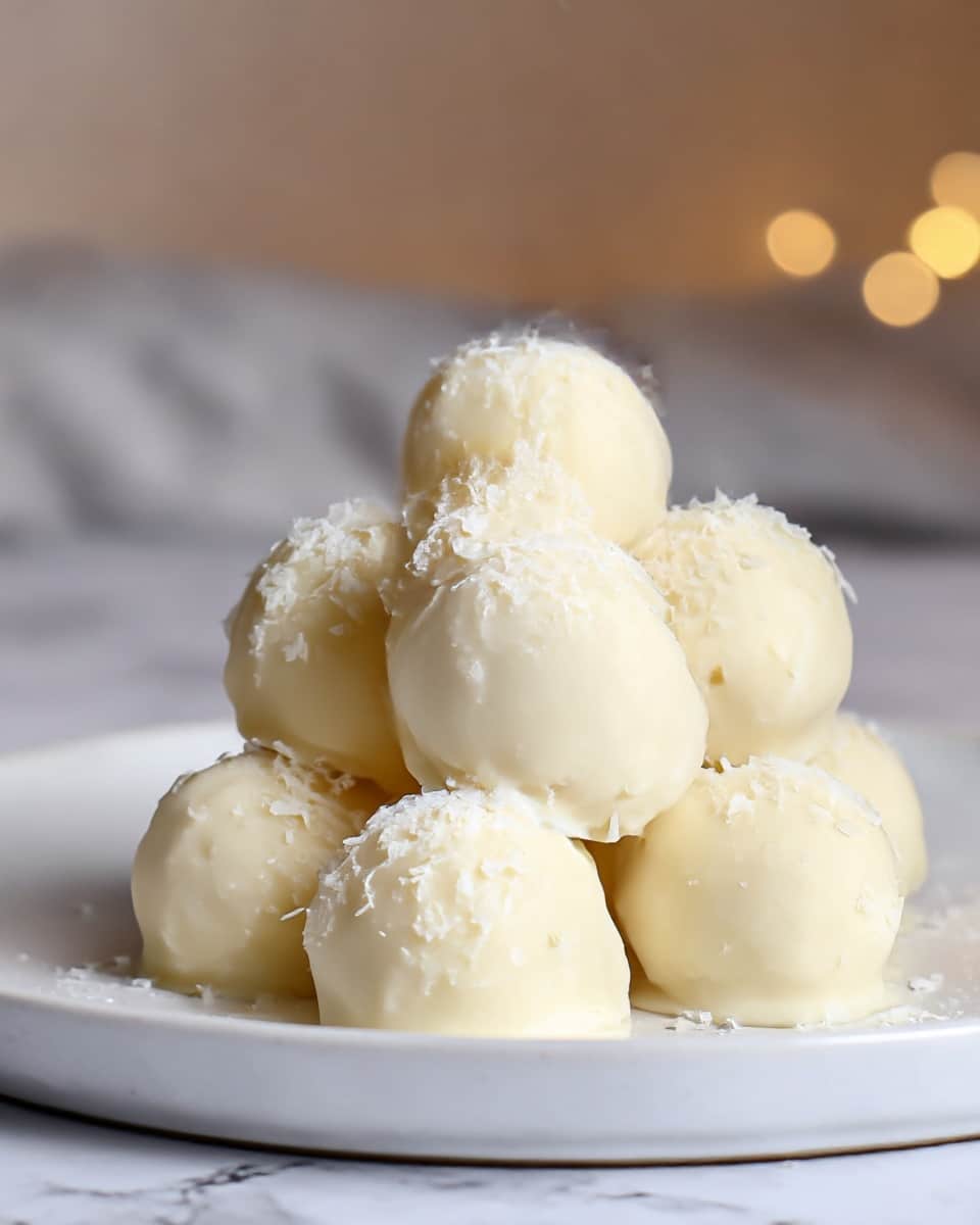 The image shows several small round white chocolate-covered truffles arranged on a white plate. Each truffle has a smooth, creamy white coating with a slight glossy shine, topped with a light sprinkle of shredded coconut that adds texture and contrast. One truffle is cut in half and placed on top of the others, revealing a dense, crumbly, pale filling inside that looks like a mixture of coconut and cream. The plate sits on a white marbled surface with soft natural lighting highlighting the textures and layers. photo taken with an iphone --ar 4:5 --v 7