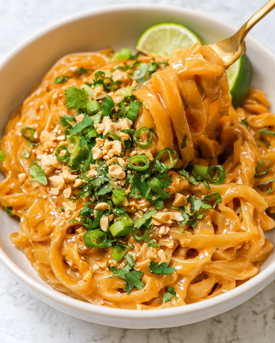 A white bowl filled with thick, creamy noodles coated in a smooth, light orange sauce. On top of the noodles is a generous layer of chopped green onions, cilantro, and crushed peanuts, adding a mix of green and beige textures. There are also white sesame seeds sprinkled evenly over the dish. A bright green lime wedge is placed at the side inside the bowl. A woman's hand is seen lifting some noodles with a fork, showing the thick sauce wrapped around the strands. The bowl sits on a white marbled surface. photo taken with an iphone --ar 4:5 --v 7
