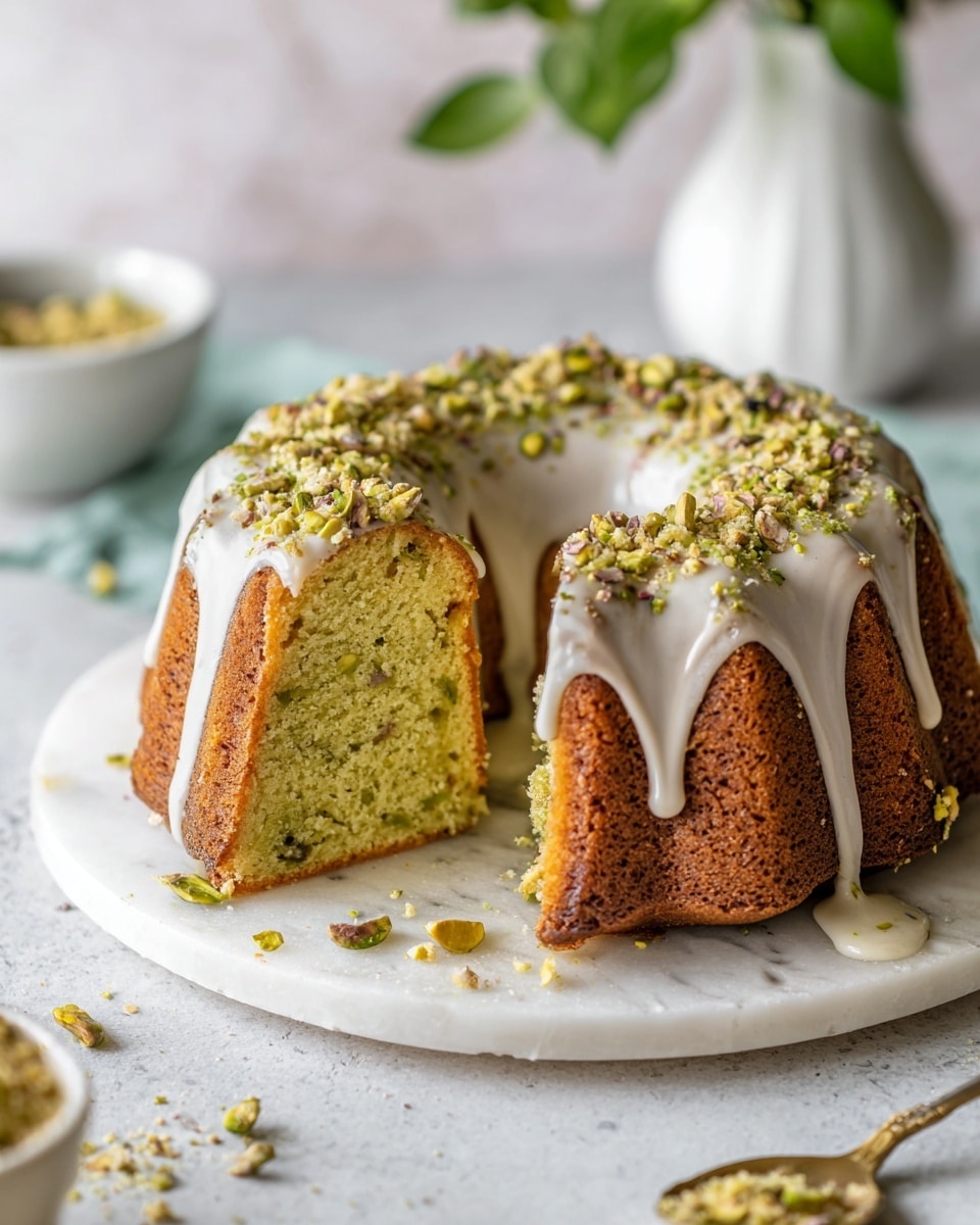 A round bundt cake with a light green inside, showing a moist texture with small green bits throughout, sits on a white marble round plate. The cake has a golden brown outer layer and is topped with a white glaze that drips slightly down the sides. There is a topping of crushed green nuts and small chunks scattered over the glaze. One large slice is cut from the cake and placed in front, revealing the soft interior. The plate rests on a light blue cloth with a silver fork nearby. In the background, there is a blurred white bowl with more cake and a small white bowl with green sauce on a white marbled surface, along with a light green vase holding leaves. Photo taken with an iphone --ar 4:5 --v 7