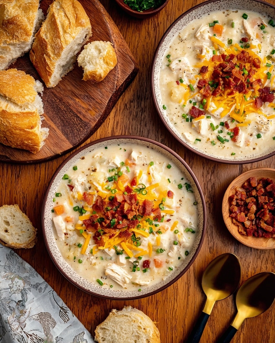 Two white speckled bowls filled with creamy soup sit on a wooden table. Each bowl contains thick, light beige soup with visible chunks of potato, carrot, and bits of chicken. The soup is topped with shredded yellow cheese, crispy brown bacon pieces, and small green onion slices, adding bright color and texture on top. Around the bowls, there are pieces of torn white bread, a small white plate with shredded yellow cheese, a wooden bowl full of bacon bits, and two golden spoons with black handles resting on the table. The whole scene is set against a warm wooden surface, with some green parsley for garnish. photo taken with an iphone --ar 4:5 --v 7