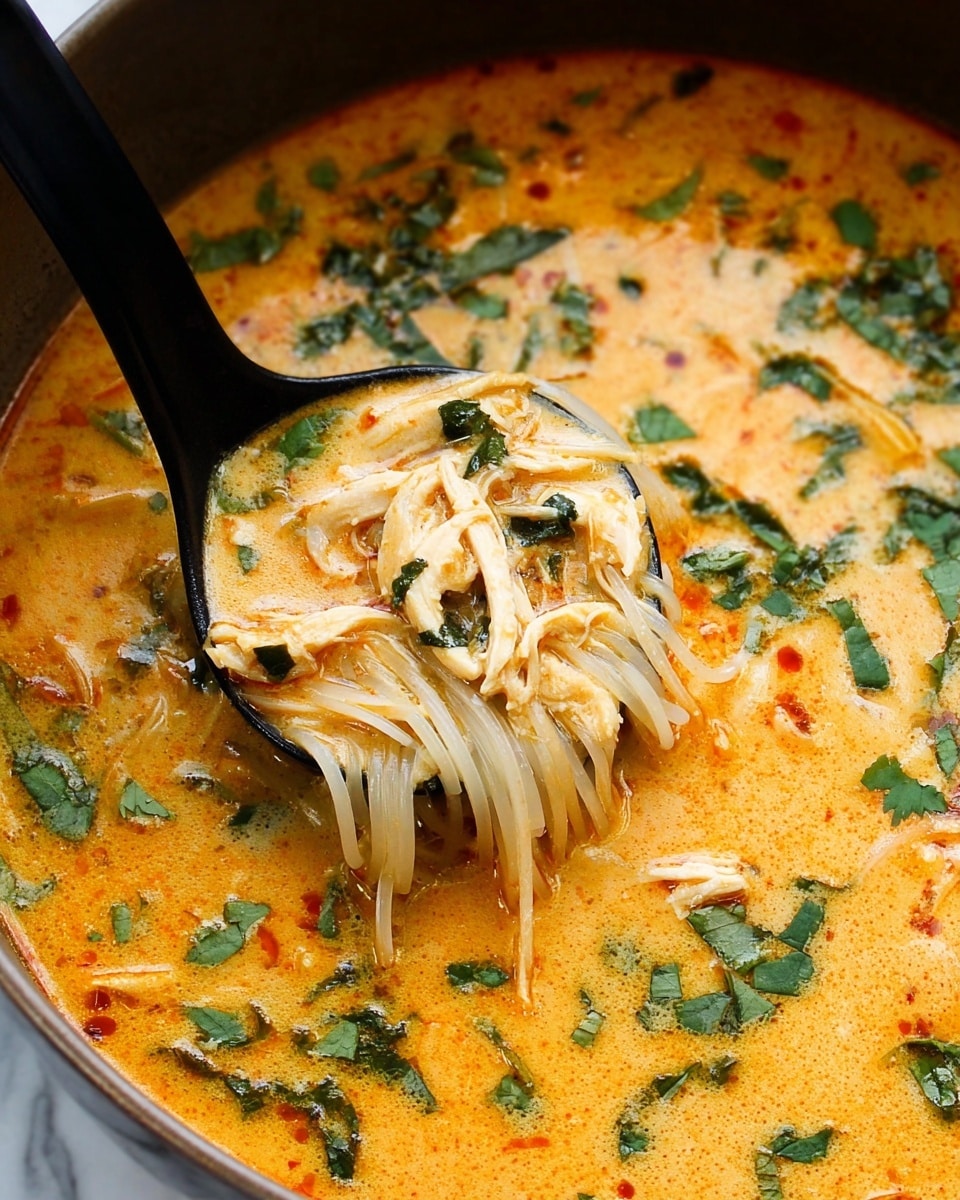 A bowl of creamy orange soup with visible red oil specks fills the white bowl. Inside are soft white noodles, shredded light brown chicken pieces, and small chunks of yellow vegetable. The soup is garnished with fresh, bright green herbs including whole cilantro leaves, chopped green onions, and a single spinach leaf in the center. A wedge of lime with light green flesh rests on the side of the bowl. The dish sits on a white marbled surface. photo taken with an iphone --ar 4:5 --v 7
