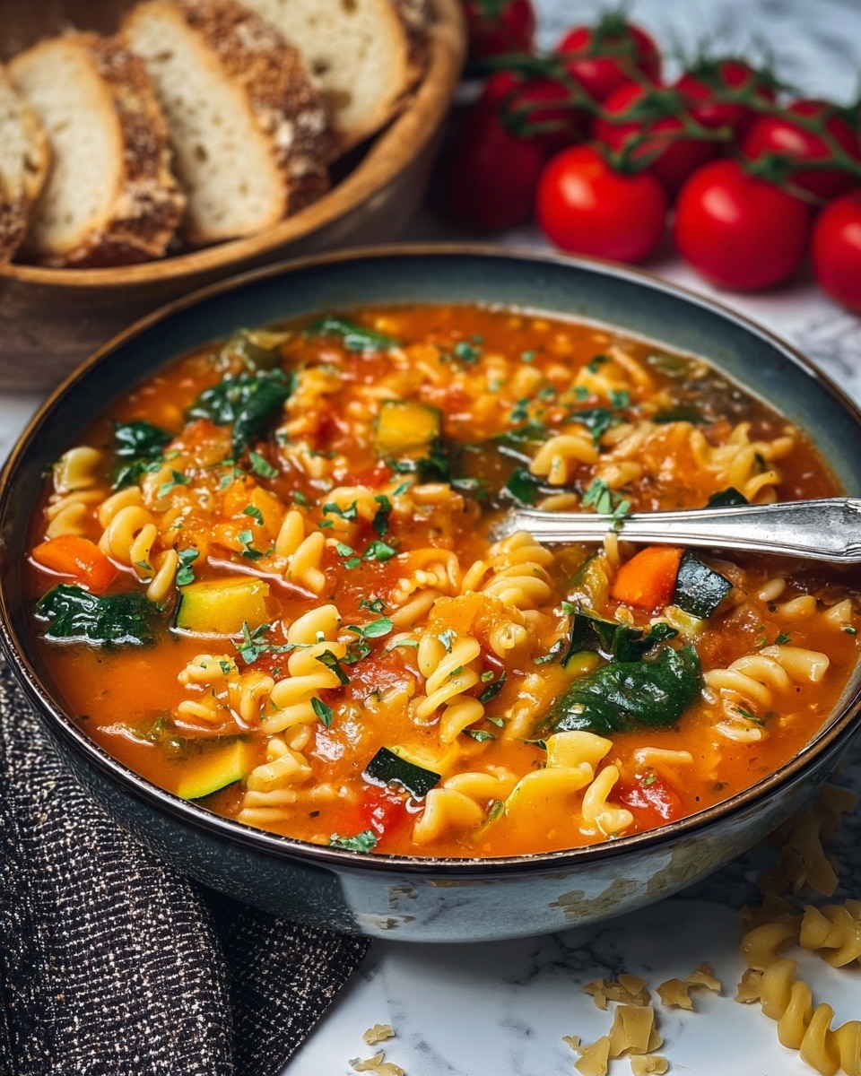 A close-up of a black bowl filled with a colorful vegetable and pasta soup. The soup has three visible layers: the bottom layer is a chunky tomato-based broth with orange, red, and green vegetable pieces including carrots, zucchini, and spinach; the middle layer has ruffled-edged pasta pieces mixed throughout; on top are small green herb leaves sprinkled as garnish. A silver spoon is partially dipped in the soup on the right side of the bowl. The bowl sits on a black and white checkered cloth on a white marbled surface. In the background to the left, there is a white bowl filled with two slices of rustic bread, and to the right, a bunch of small red cherry tomatoes still on their green vine. Some uncooked wavy pasta is scattered on the white marbled surface near the bowl. photo taken with an iphone --ar 4:5 --v 7