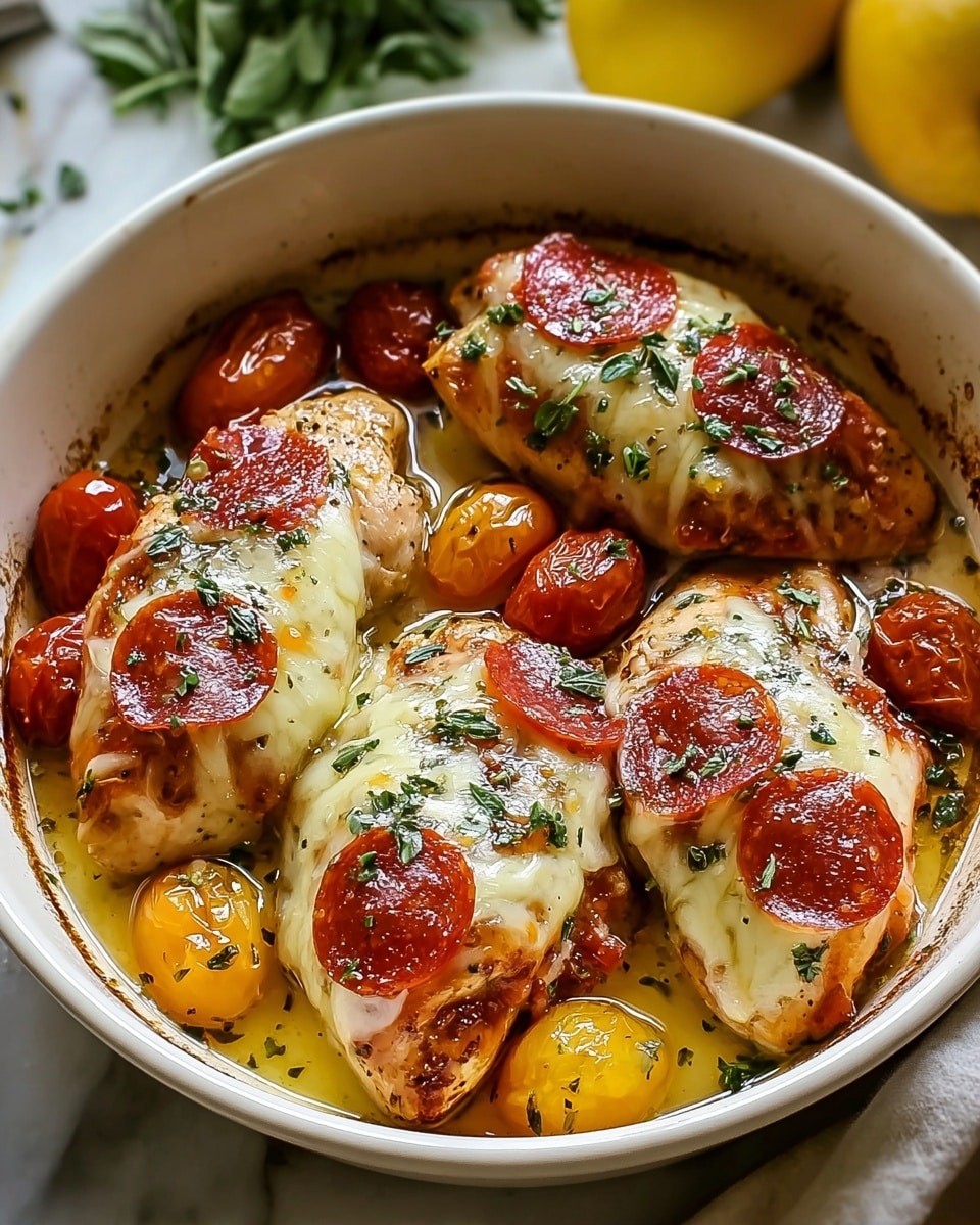 The dish shows four chicken breasts in a white round baking dish, each breast topped with a bright red slice of pepperoni and covered with melted, slightly browned cheese that has a creamy, bubbly texture. The chicken has a golden-brown color with some crispy edges, and it is sprinkled with small green herbs. Around the chicken are halved yellow and red cherry tomatoes resting in a light, oily sauce that adds shine to the dish. The dish is set on a white marbled surface with blurred yellow lemons and green leaves in the background. photo taken with an iphone --ar 4:5 --v 7