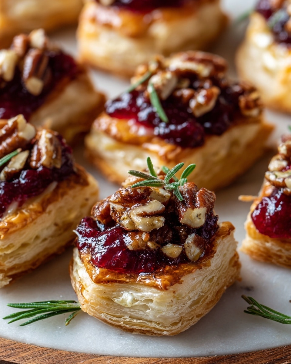 The image shows several small puff pastry bites on a white marbled surface, each with multiple flaky layers of golden brown pastry forming a thick base. On top of the layered pastry, there is a layer of creamy melted cheese, followed by a generous spoonful of deep red, glossy cranberry sauce. The cranberry layer is topped with crunchy pecan halves and small bits of chopped pecans, adding texture and a natural brown tone. Small green rosemary sprigs are scattered on top and around the pastries for garnish, giving a fresh touch. The bites are arranged closely together, showing varied angles of the crisp and airy pastry layers. Photo taken with an iphone --ar 4:5 --v 7