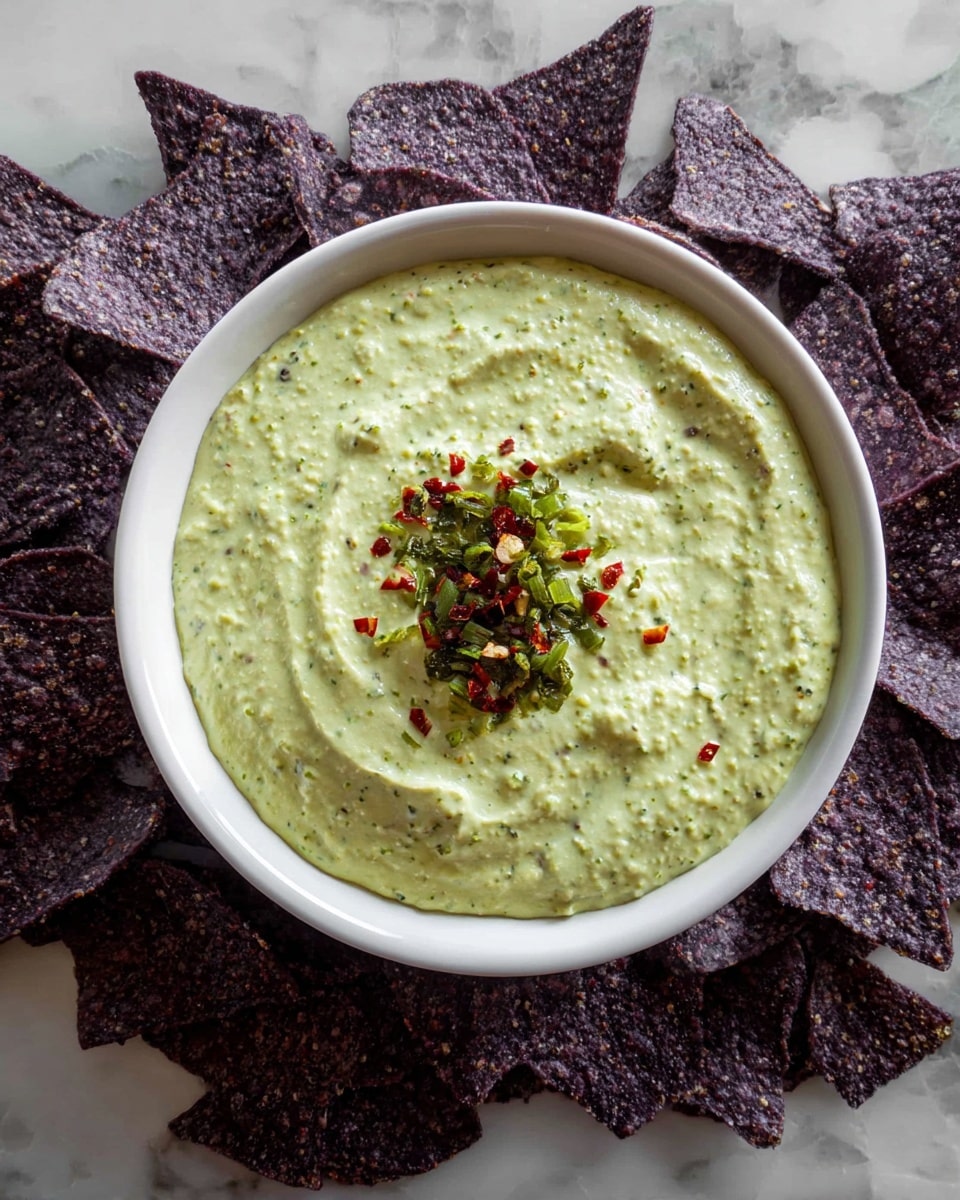 A white bowl filled with a thick, creamy light green dip that has a slightly grainy texture. The dip is garnished in the center with small pieces of green herbs and red chili flakes, adding specks of bright color. Around the bowl, there are many irregularly shaped dark purple chips that have a rough texture. The entire scene is set on a white marbled surface. photo taken with an iphone --ar 4:5 --v 7