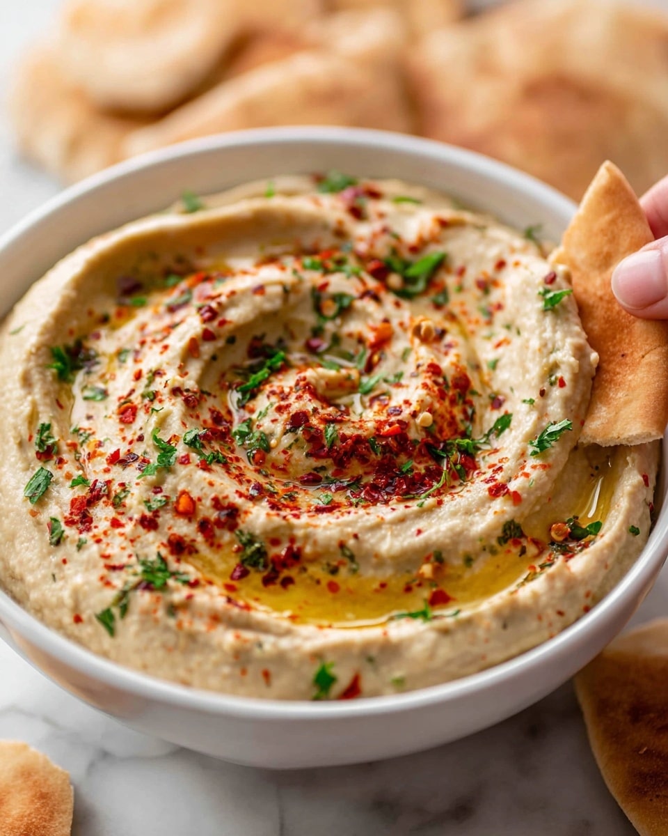 A white bowl filled with creamy light beige hummus swirled with smooth, thick folds creating a spiral shape. The hummus is topped with a glossy layer of golden olive oil, a sprinkle of fine red paprika dust, small red chili flakes, and scattered bright green chopped parsley bits. A piece of toasted light brown pita bread is held by a woman's hand, partially dipped into the hummus. The bowl is set on a white marbled surface, with more pita bread blurred in the background. photo taken with an iphone --ar 4:5 --v 7