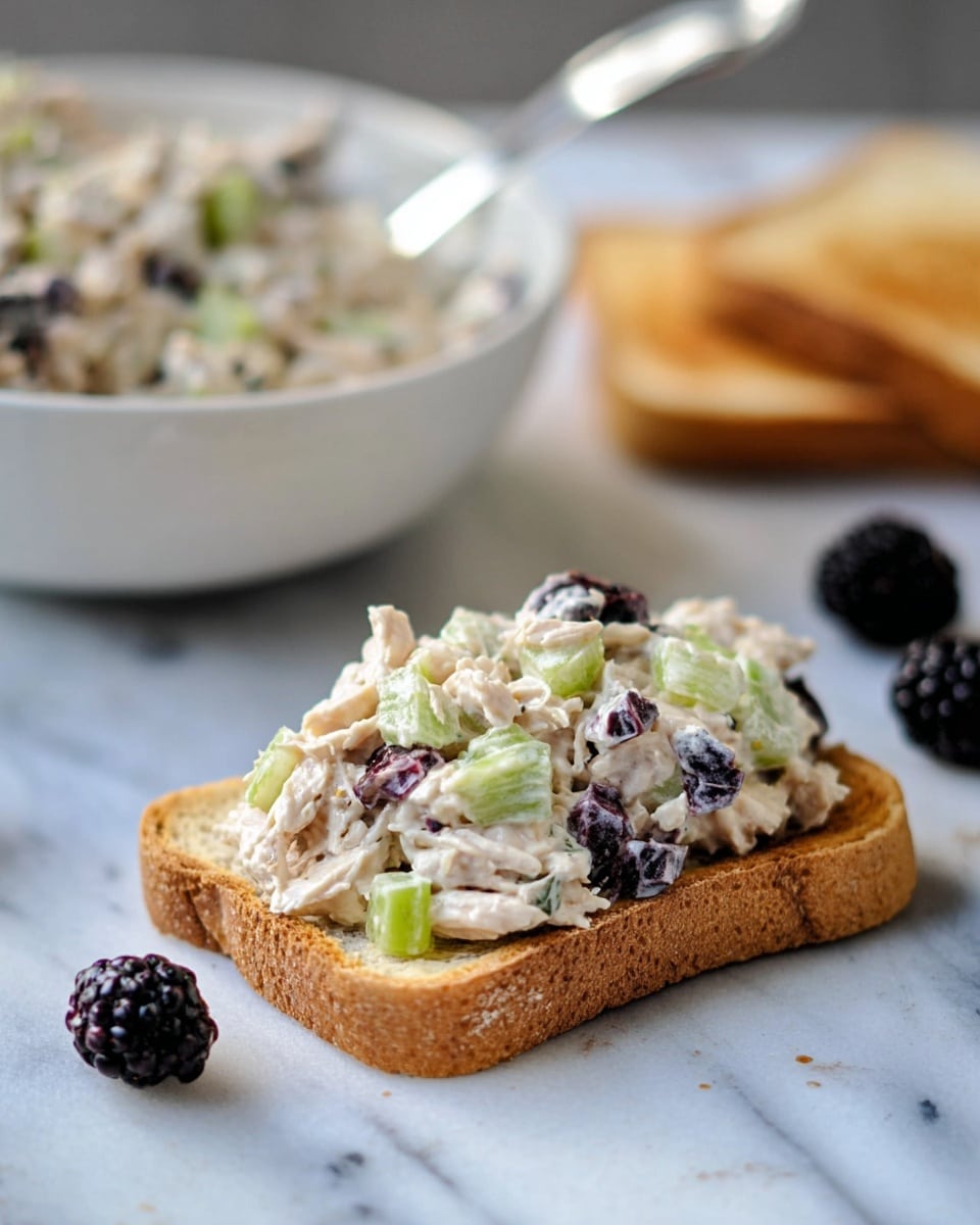 A single slice of toasted bread with a golden-brown crispy texture sits on a white marbled surface. On top, there is a thick layer of creamy chicken salad mixed with chunks of light beige chicken, small pieces of crisp green celery, and whole blackberries scattered throughout, adding dark purple spots of color and a juicy texture. In the background, a white bowl filled with more of the same chicken salad is slightly out of focus, with a silver spoon resting inside. A second slice of toasted bread and a few loose blackberries lie nearby on the white marbled surface, creating a simple, fresh scene. photo taken with an iphone --ar 4:5 --v 7
