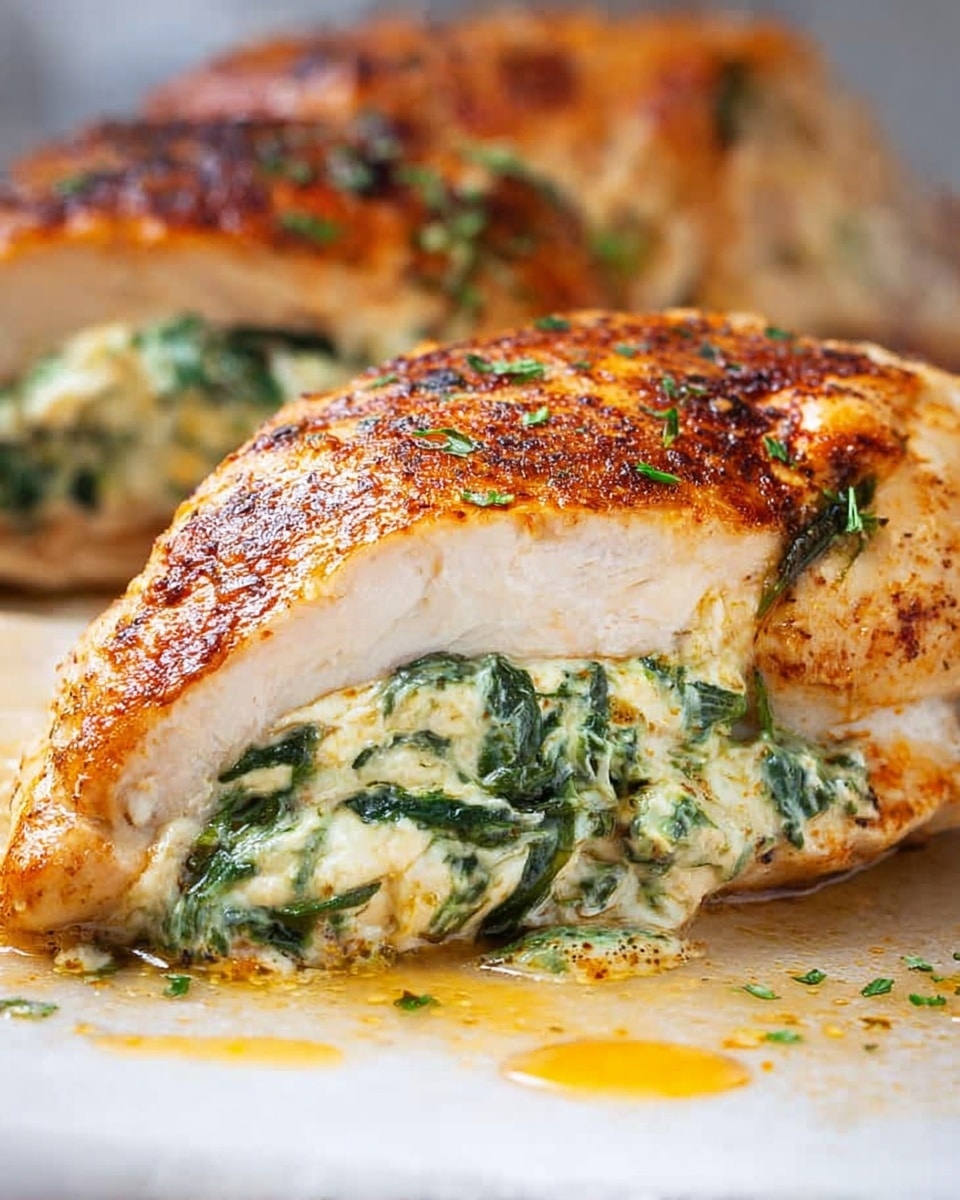 The image shows a close-up of a cooked stuffed chicken breast with two parts visible. The chicken breast is golden brown with a slightly crispy texture on the outside, and it is cut open to reveal a creamy filling inside. The filling has two layers: the bottom layer is creamy white with green leafy spinach pieces mixed throughout, showing a soft texture. The chicken sits on a smooth, white marbled surface with a little orange oil or sauce around the edges, adding a glossy effect. In the background, another stuffed chicken piece is partially visible, slightly blurred, with the same color and texture contrast. photo taken with an iphone --ar 4:5 --v 7