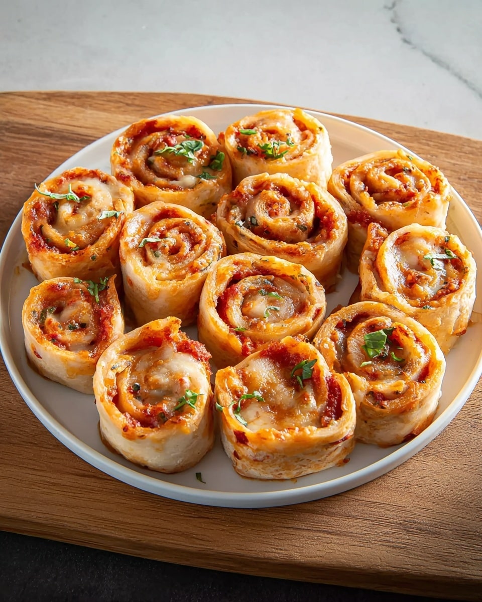 A round white plate holds eleven small roll-shaped pieces arranged closely in a circle with one in the center. Each roll shows three visible layers of light golden-brown dough wrapped around a reddish sauce and finely chopped bits inside. The surface has a slight sheen from cooking, and small green herb leaves are sprinkled over each roll, adding a fresh touch. The plate sits on a wooden board over a white marbled surface. photo taken with an iphone --ar 4:5 --v 7