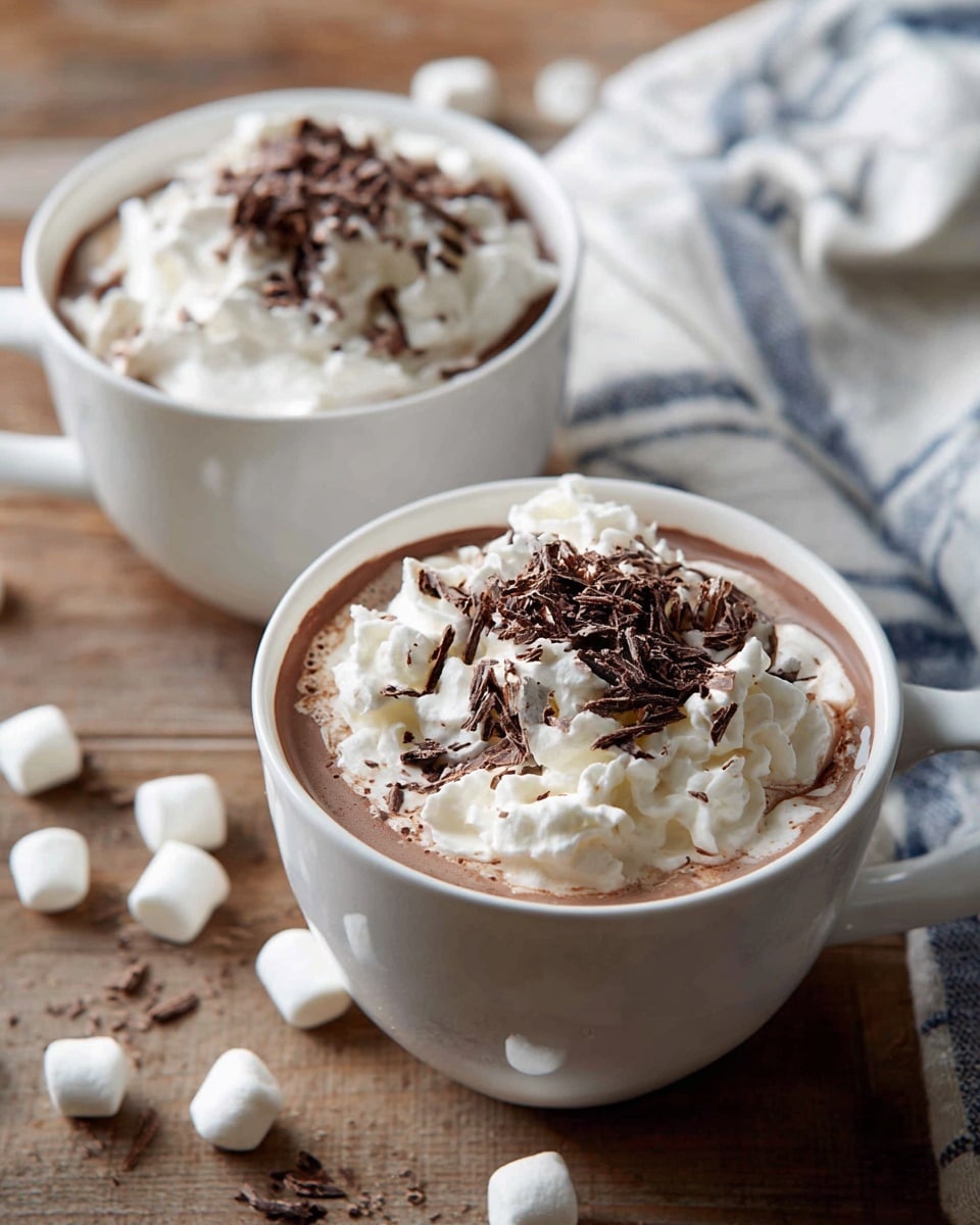 Two white cups filled with creamy hot chocolate sit on a wooden surface, each topped with a generous layer of fluffy white whipped cream. On top of the whipped cream are dark brown chocolate shavings scattered unevenly, adding texture and richness. Around the cups lie small white marshmallows and a white cloth with blue stripes is placed to the right. The surface has a warm wood texture but will be imagined as white marble. photo taken with an iphone --ar 4:5 --v 7