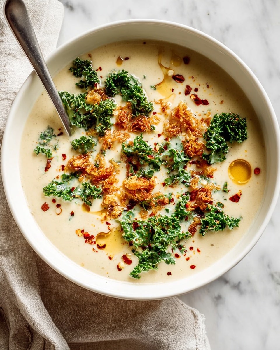 A white bowl filled with creamy, light beige soup forms the base layer, topped with scattered golden-brown crispy bits that add texture. Bright green kale leaves are placed unevenly around the soup’s surface, providing contrast and freshness. Tiny red chili flakes sprinkled generously on top add spots of deep red color, while small pools of orange oil float throughout, adding a glossy finish. A silver spoon rests inside the bowl on the left edge, and a soft white cloth drapes nearby on a white marbled surface. photo taken with an iphone --ar 4:5 --v 7