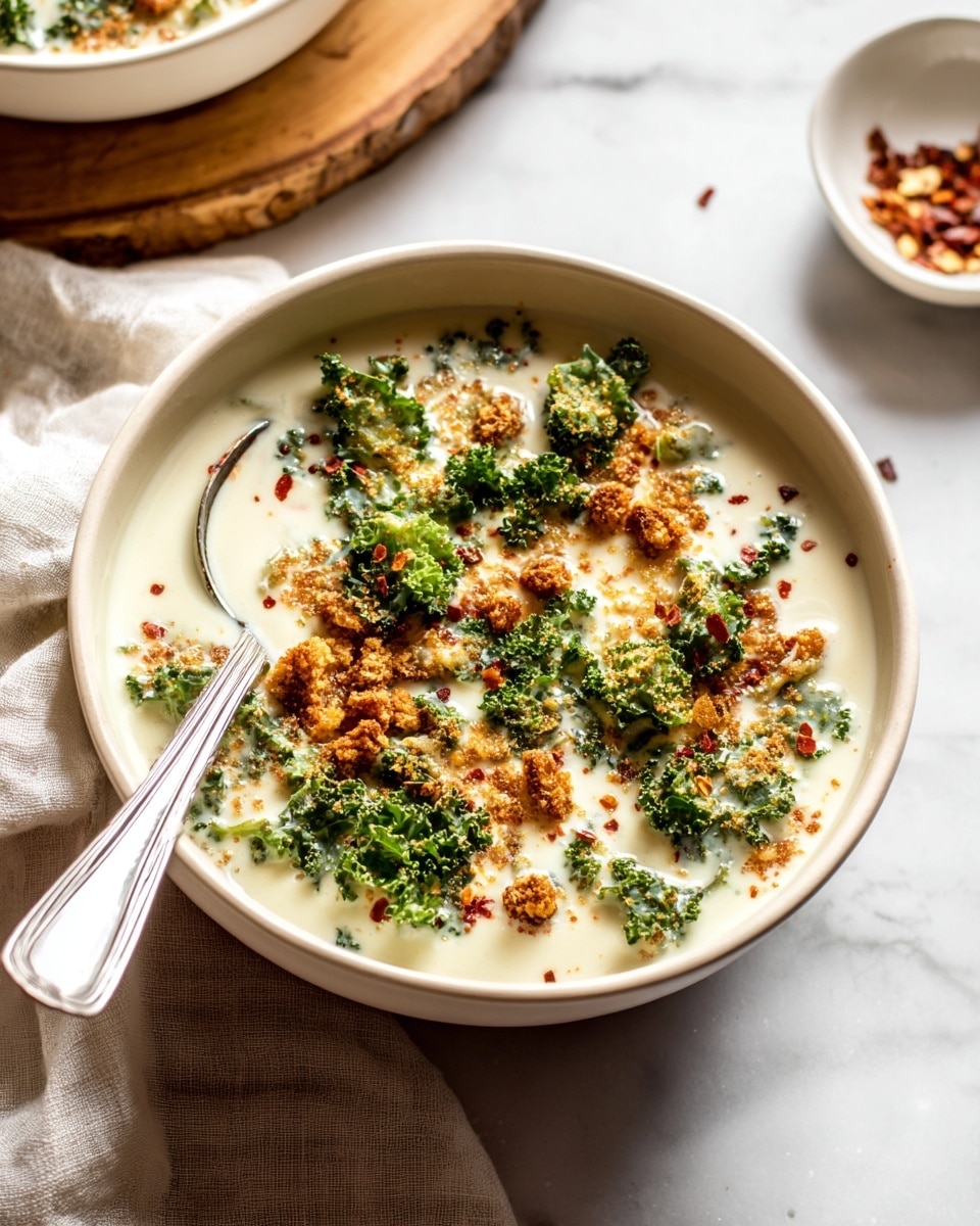 A white bowl filled with creamy white soup as the base layer, topped with crispy golden-brown crumbles evenly scattered across the surface. Bright green curly kale pieces are mixed in, adding texture and color contrast. There are tiny red flakes sprinkled on top, giving a spicy look. A silver spoon rests inside the bowl on the left side, and the bowl sits on a white marbled surface next to a light-colored cloth. In the background, a white small dish with red flakes is partly visible near a wooden round board. Photo taken with an iphone --ar 4:5 --v 7