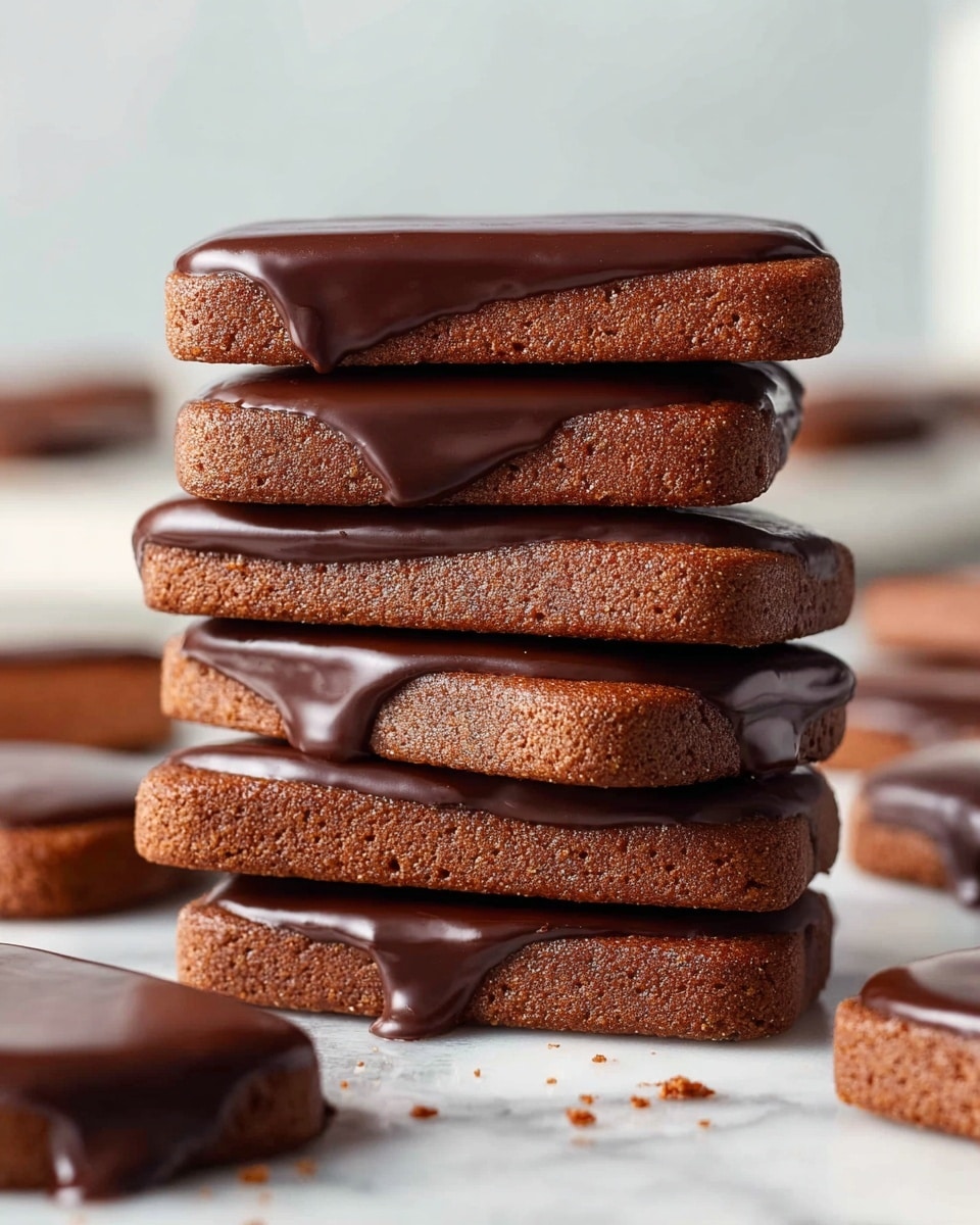 A close-up image shows a neat stack of six rectangular chocolate cookies, each cookie coated halfway on one side with smooth, glossy dark chocolate. The cookies are rich brown with a slightly rough texture, while the chocolate coating is shiny and velvety, dripping slightly at the edges. In the background, more cookies lie flat on a white marbled surface, some fully coated and others not. The scene has soft, natural light with a clean, minimalistic look. photo taken with an iphone --ar 4:5 --v 7