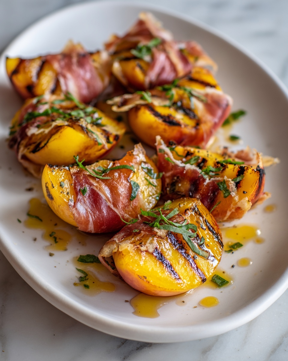 The image shows a white oval plate on a white marbled surface, holding eight grilled peach slices wrapped with thin, shiny, reddish-brown slices of prosciutto. Each peach slice has clear grill marks, giving a warm, slightly charred look with yellow and orange tones. The prosciutto wraps around the middle of each slice, creating a layered contrast between the soft peach and thin meat. Small green herb bits are scattered over the dish, adding a fresh touch, along with a few drops of golden honey or syrup drizzled around and over the slices for shine and sweetness. photo taken with an iphone --ar 4:5 --v 7