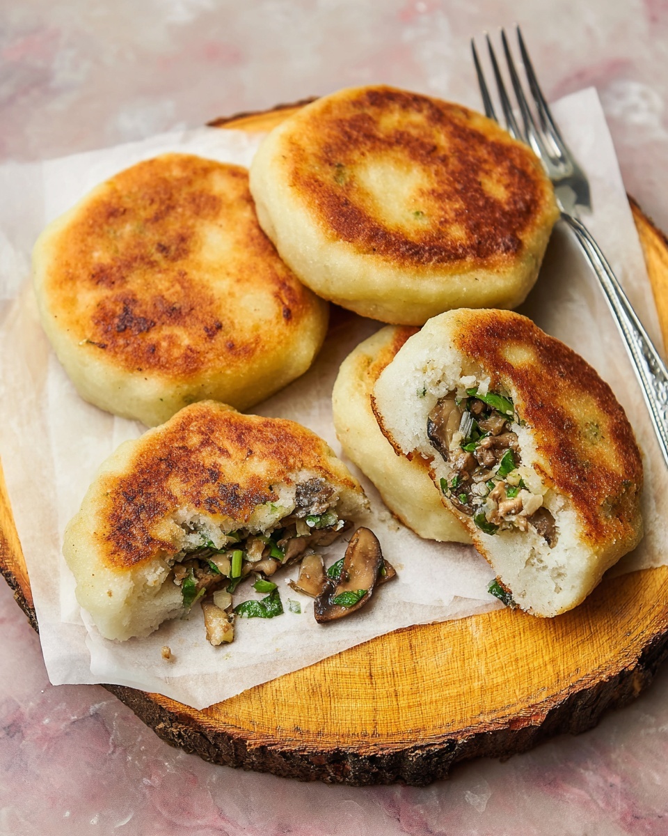 Four round, golden brown fried patties with a crispy surface and soft, light-colored edges are arranged on a sliced wooden board lined with white parchment paper on a white marbled texture. One patty is cut in half to show two layers inside: a thick, pale dough outer layer and a center filled with finely chopped mushrooms, light brown in color, mixed with fresh green herbs. A silver fork rests behind the board. photo taken with an iphone --ar 4:5 --v 7