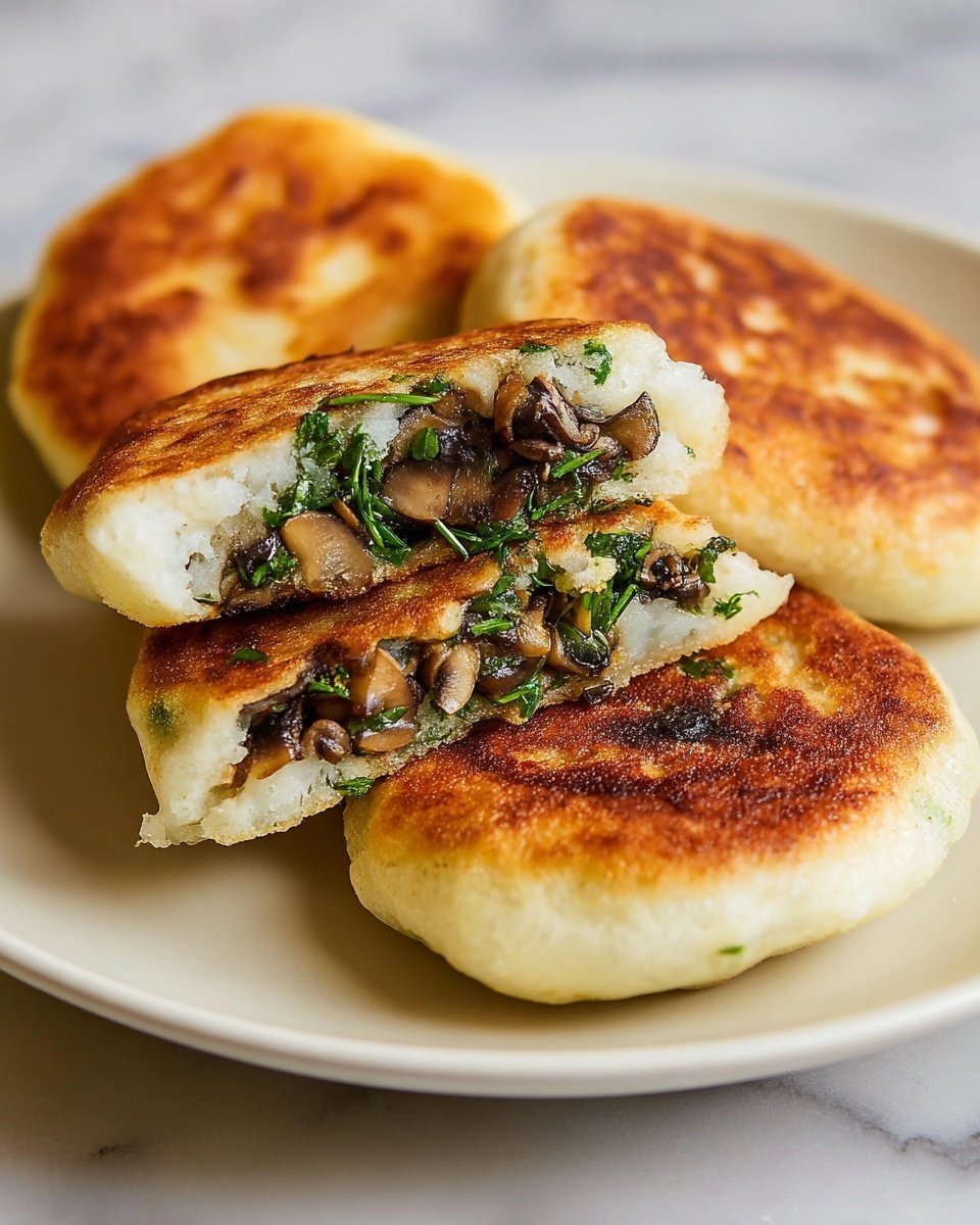The image shows three golden-brown, round patties with a crispy outside layer made from lightly fried dough, placed on a white plate on a white marbled surface. Two patties are whole, smooth and browned on one side, while the third is cut open and stacked on top, revealing three filling layers inside: dark brown and tan chopped mushrooms at the bottom, bright green fresh herbs in the middle, and the soft, white dough enclosing everything around it. The texture on the outside is slightly rough and crunchy looking, and the inside looks soft and moist. Photo taken with an iphone --ar 4:5 --v 7