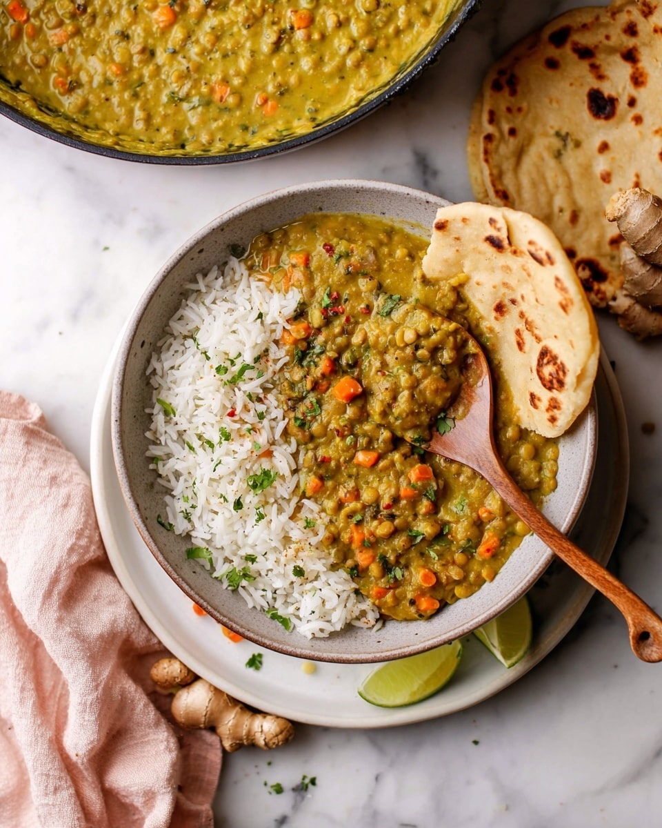 A bowl with two main layers: on the right, white rice topped with small green herb pieces, and on the left, a thick yellowish-green lentil curry mixed with small orange carrot chunks, also sprinkled with some green herbs. A wooden spoon rests on the bowl, scooping some of the lentil curry over the rice. The bowl sits on a white plate, placed on a white marbled surface. To the right of the bowl, there are two pieces of flatbread with golden brown spots. At the bottom, a lime wedge and a small piece of ginger root are visible, and a soft light pink cloth is draped to the left side. In the upper part of the image, part of a pan filled with the lentil curry is shown. Photo taken with an iphone --ar 4:5 --v 7