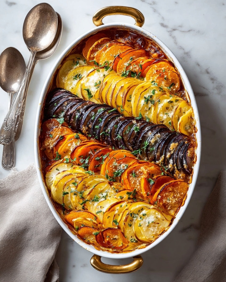 The dish is a baked vegetable gratin arranged in an oval white dish with golden handles. It has four rows of thinly sliced vegetables, each row a different color and texture. Starting from the top, there is a row of golden yellow slices with a slightly crispy browned edge, followed by a row of dark purple slices that look soft and tender with some shine. The next row is composed of bright orange slices with caramelized edges, and the final row at the bottom is a mix of pale yellow slices with browned spots. All rows are sprinkled with fresh green herbs and small bits of melted cheese on top. The dish rests on a white marbled surface next to two vintage silver spoons and a folded light brown cloth. photo taken with an iphone --ar 4:5 --v 7