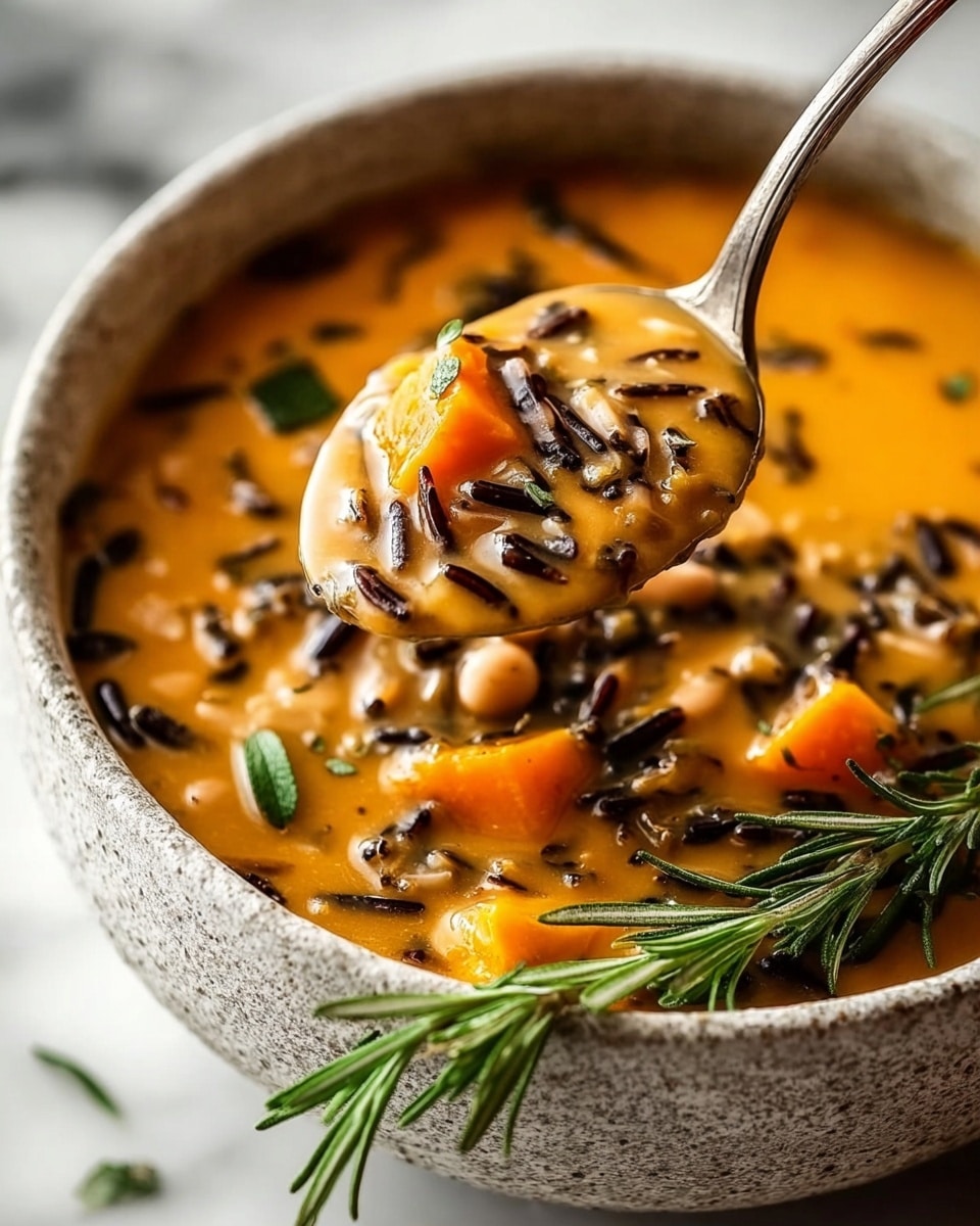 The image shows a bowl of thick orange soup with visible layers of black wild rice and white beans mixed throughout. Floating on top are pieces of soft orange squash and small green herb leaves, with a sprig of fresh rosemary resting on the side inside the bowl. There is a spoon partially submerged in the soup, gently lifting a mix of the squash, beans, and rice. The bowl is white with a rough, stone-like texture, and the background is a white marbled surface. photo taken with an iphone --ar 4:5 --v 7