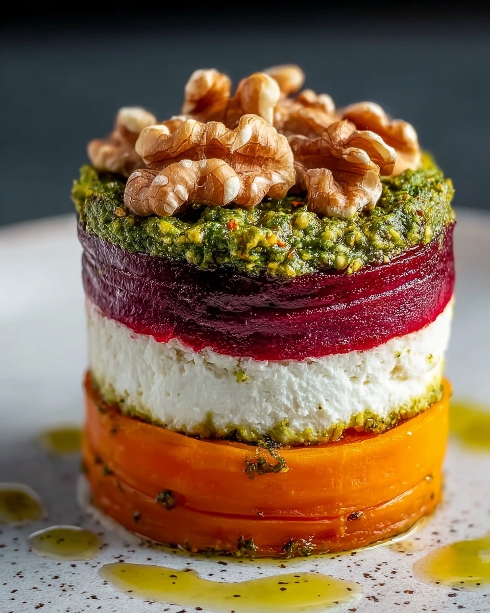 The dish is a neat tower with four main layers. At the bottom, there is a smooth, bright orange layer that looks like roasted or cooked carrots, forming a solid base. Above this is a thick, fluffy white layer with a soft, creamy texture. On top of the white layer is a thin, vibrant deep red layer that looks like roasted beetroot, wrapping around the sides. Above this red layer is another thick white creamy layer similar in texture to the one below. The top layer is a coarse green pesto sauce, spread evenly and topped with whole walnut halves. All of this sits on a white plate with a white marbled texture surface and some light drizzle of olive oil around the base. photo taken with an iphone --ar 4:5 --v 7