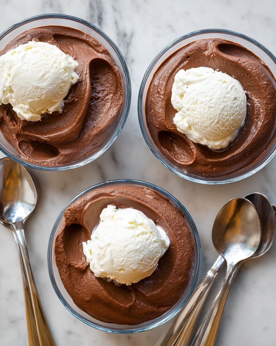 Three clear glass bowls contain a smooth, thick layer of dark brown chocolate mousse topped with a single scoop of creamy white vanilla ice cream. The mousse layer is rich and swirled softly, sitting at the bottom in all bowls, with the ice cream placed slightly off-center on top of each mousse layer. The bowls sit on a white marbled surface, surrounded by three shiny silver spoons resting nearby. The overall look is simple and inviting with a mix of soft textures from the mousse and ice cream. photo taken with an iphone --ar 4:5 --v 7