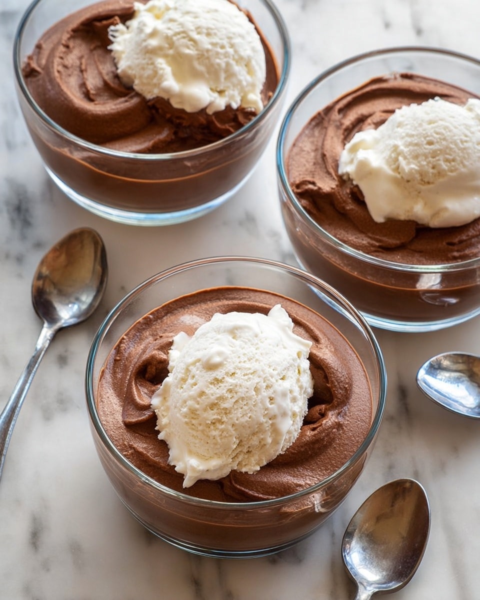 Three clear glass bowls are filled with a smooth, rich chocolate mousse layer, topped with a scoop of creamy white vanilla ice cream that has a soft texture and slight melting edges. The mousse is thick and swirled gently, creating a soft, velvety look, while the ice cream sits prominently on top in an irregular oval shape. The bowls are set on a white marbled surface, and three silver spoons are placed around them, reflecting light with a soft shine. photo taken with an iphone --ar 4:5 --v 7